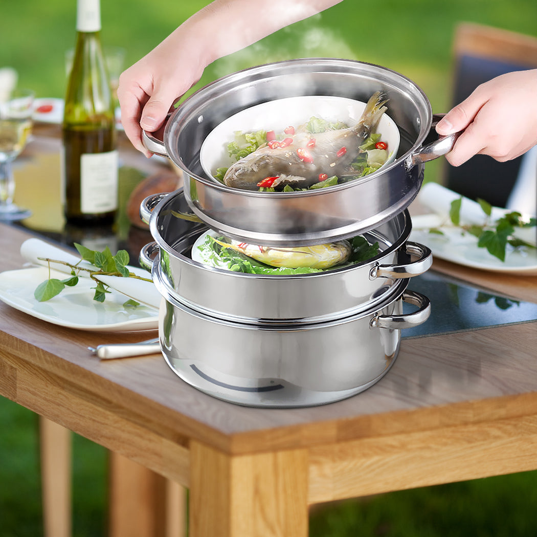 TEMU 3 Layer Stainless Steel Steamer Pot With Glass Lid – Steam Basket For Gas, Induction & Electric – Dishwasher Safe