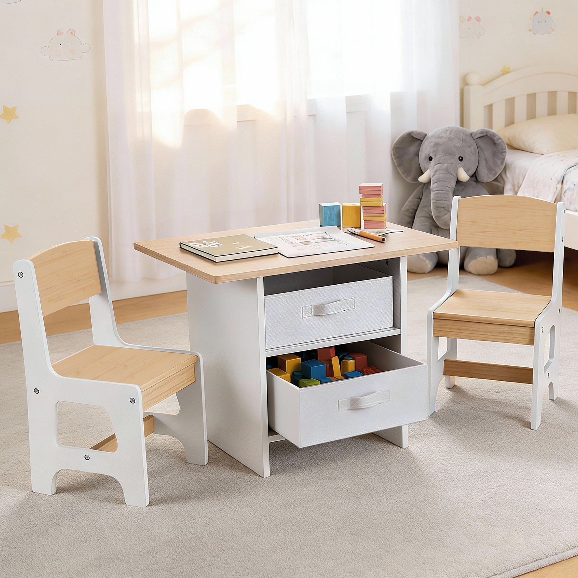   kids table and 2 chairs set wooden activity table   storage drawers toddler table and chair set for children drawing reading crafts eating natural