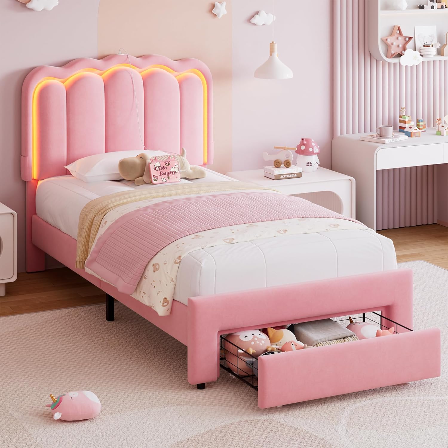 TEMU Advwin Bed Frame King Single/double/queen Size With Led Lights, Adjustable Wave Headboard & Charging Station, Velvet Upholstered Platform Bed