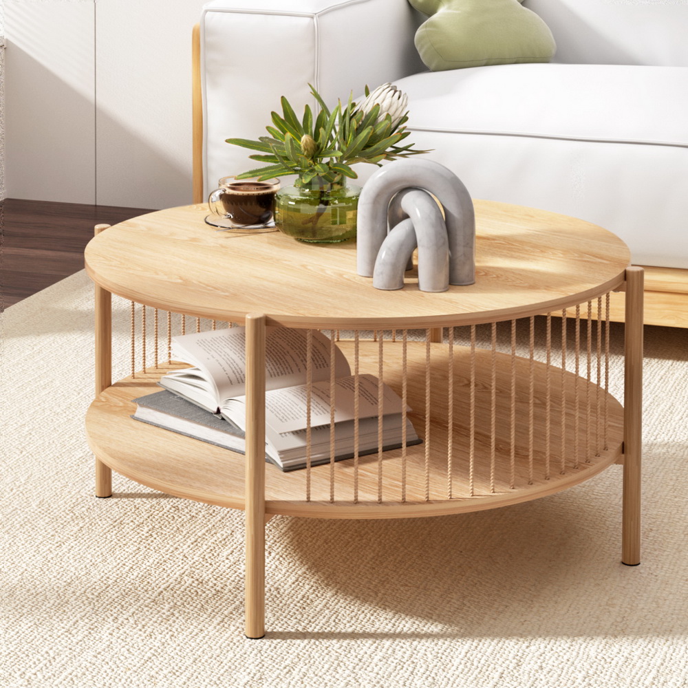 TEMU Artiss Coffee Tables 2-tier Storage, Round Side Table End Table For Living Room, Bedside Storage Organizer, With Shelf, Metal Frame, 74x41cm,