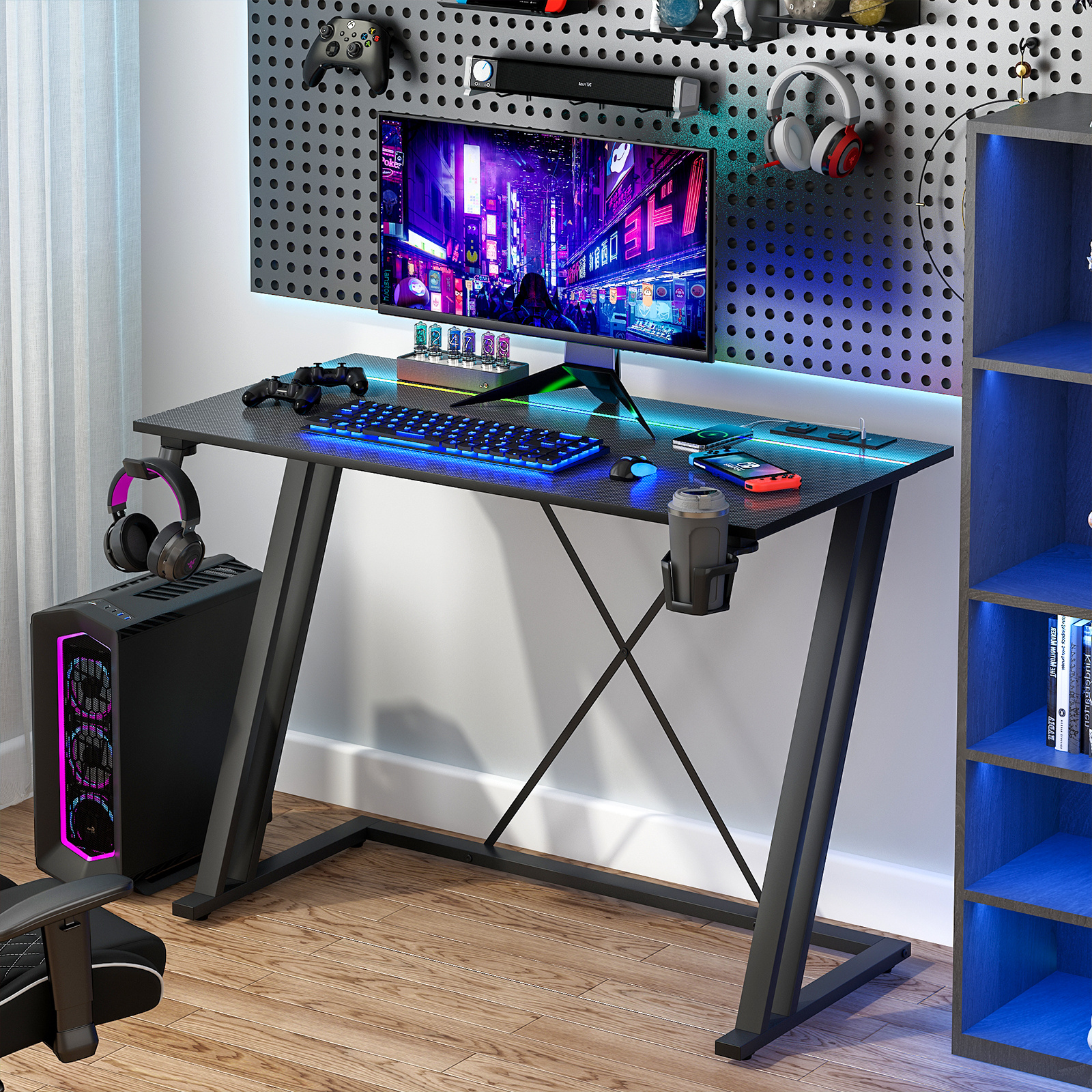 TEMU Gaming Desk Built-in Led Lights & Power Outlets 100cm Carbon Fiber Surface Computer Desk With Cup Holder & Headphone