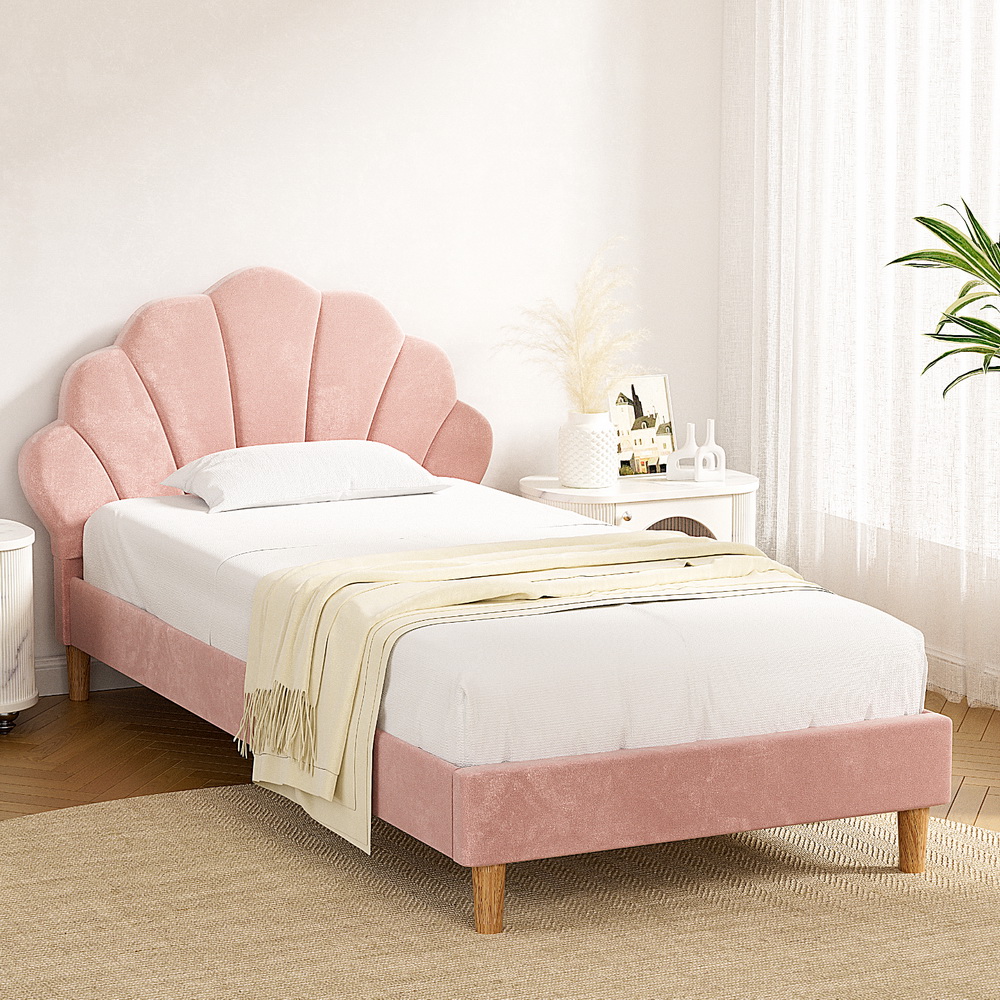 TEMU Artiss Bed Frame King Single Size Scallop-shape Beds Base Pink Velvet Fabric Upholstered Headboard Series
