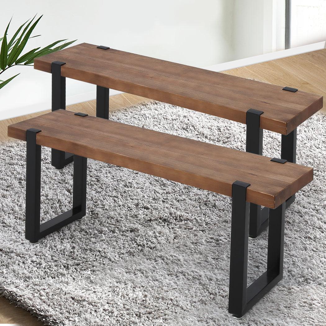 TEMU Industrial Solid Wood Dining Bench Set With , 5cm Thick Top, 100kg Capacity, Space-saving Design – 115cm, Brown, 2-pack