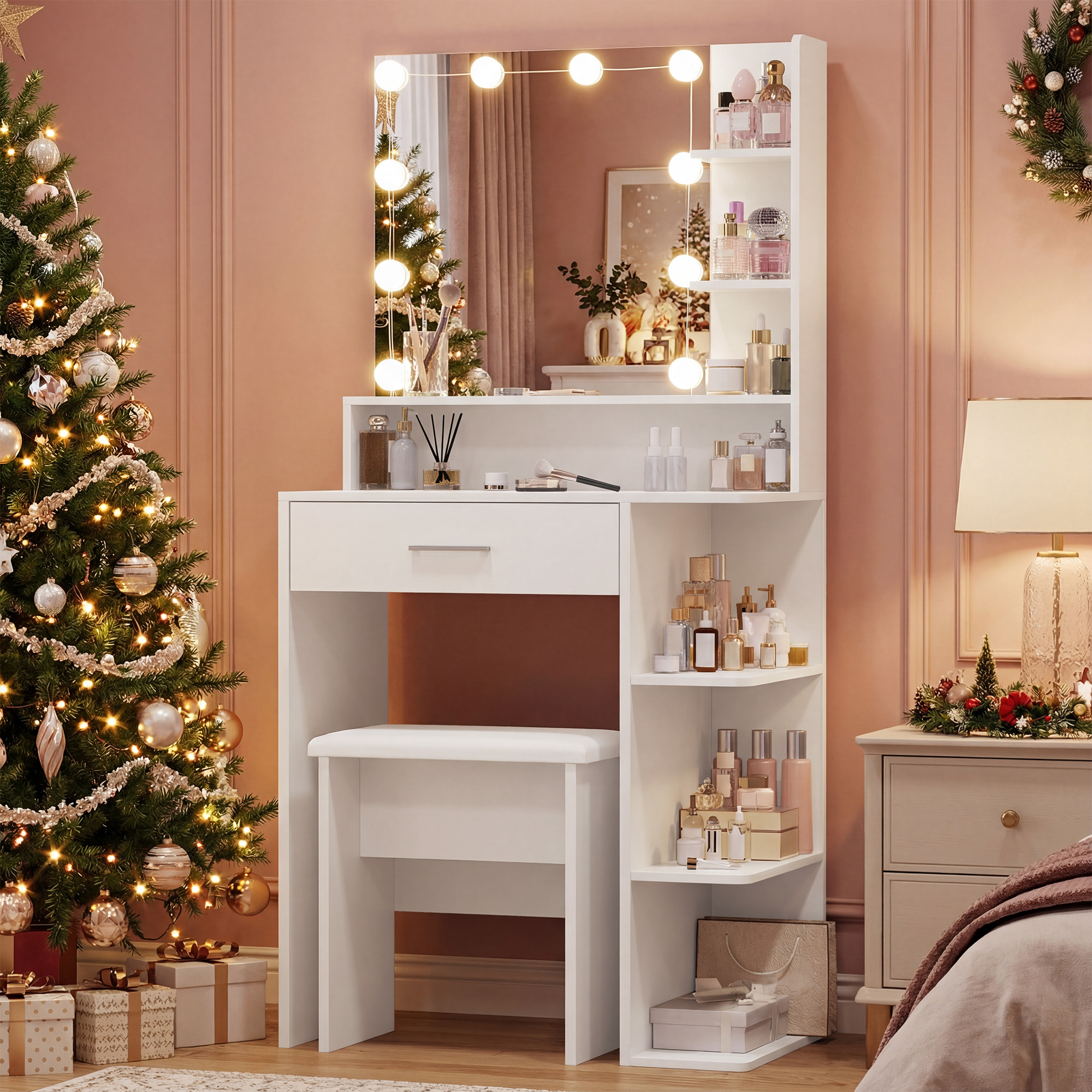 TEMU Advwin Small Makeup Vanity Desk With 10 Bulb 3 Color Adjustable Lighting, Dressing Table Set With Stool & Large Mirror, Compact Vanity Desk With