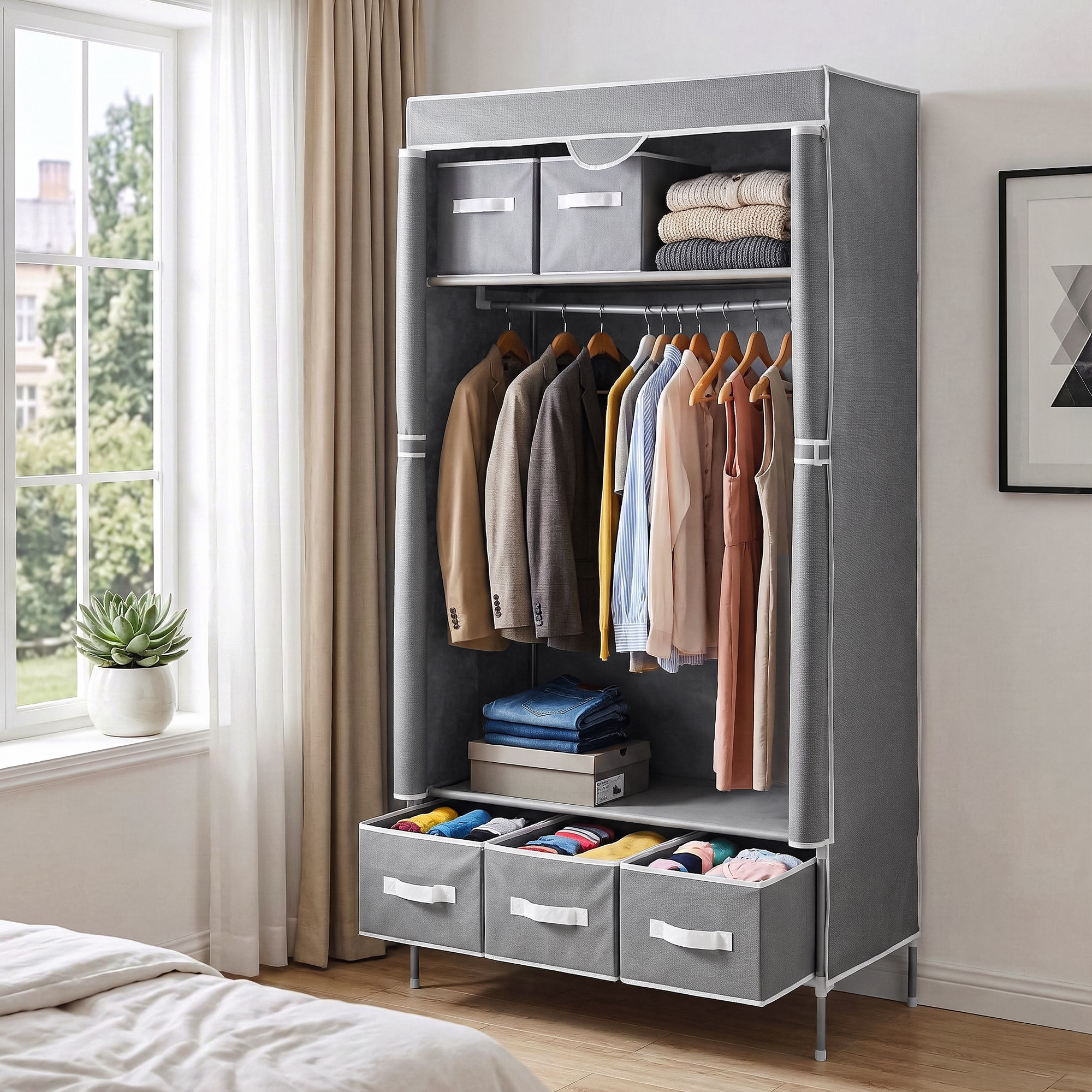 TEMU Artiss Large Portable Clothes Closet Wardrobe With Tiebacks Grey
