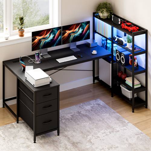 u shaped gaming desk with led lights power outlets reversible 164cm computer desk with 3 drawers and bookshelf white