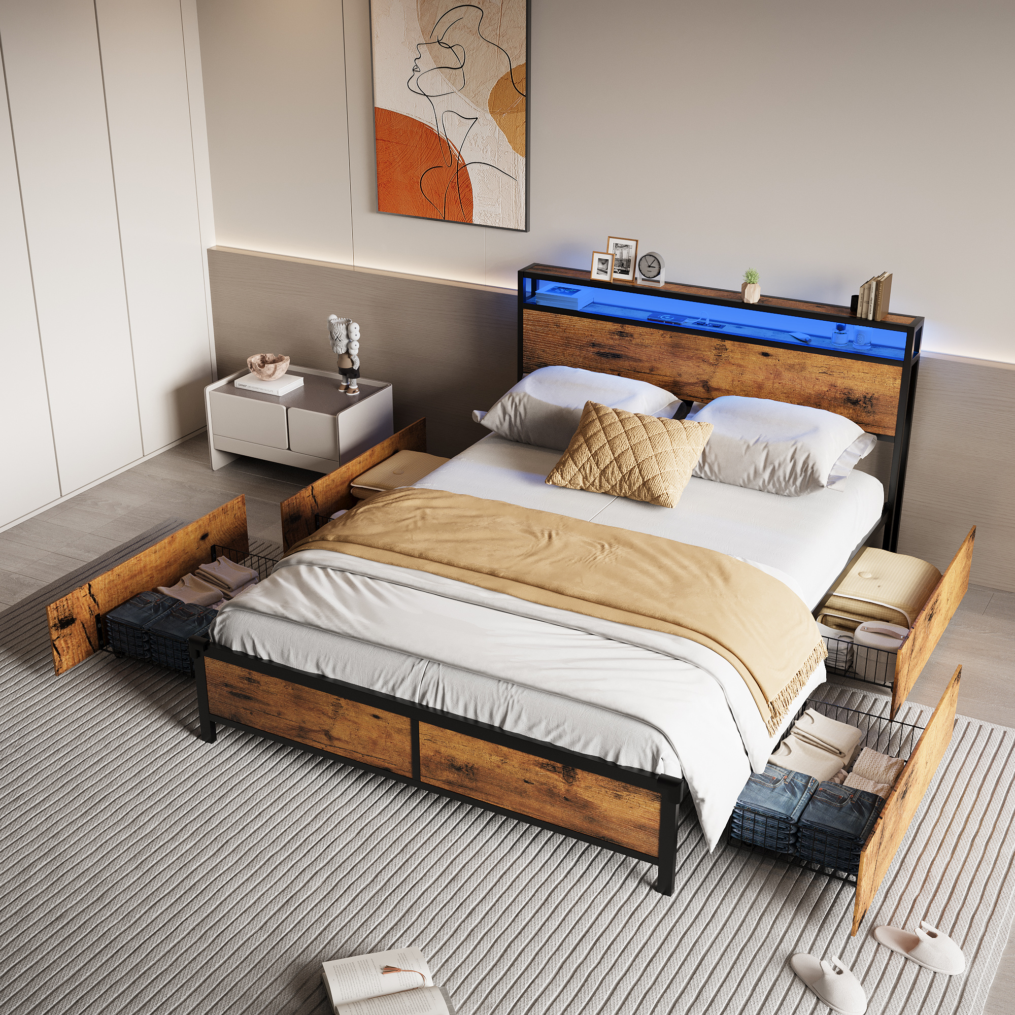 TEMU Double/queen Bed Frame With Storage Headboard, Metal Platform Bed Frame With 4 Storage Drawers, Charging Station & Rgb Led Lights, Noise-free,