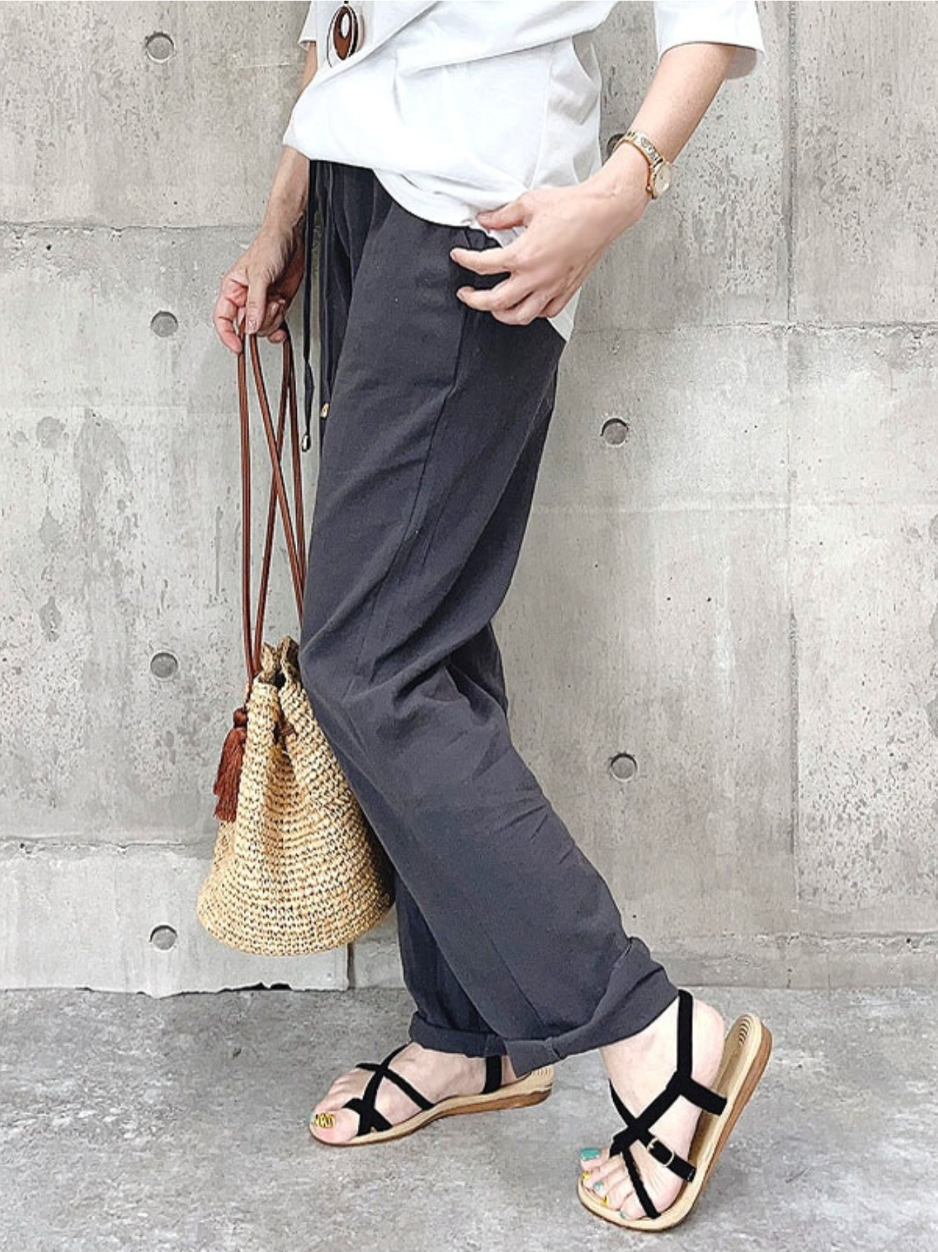 womens   wide leg pants semi wide with pockets elastic waist comfortable for spring and summer postal 1 5 b410