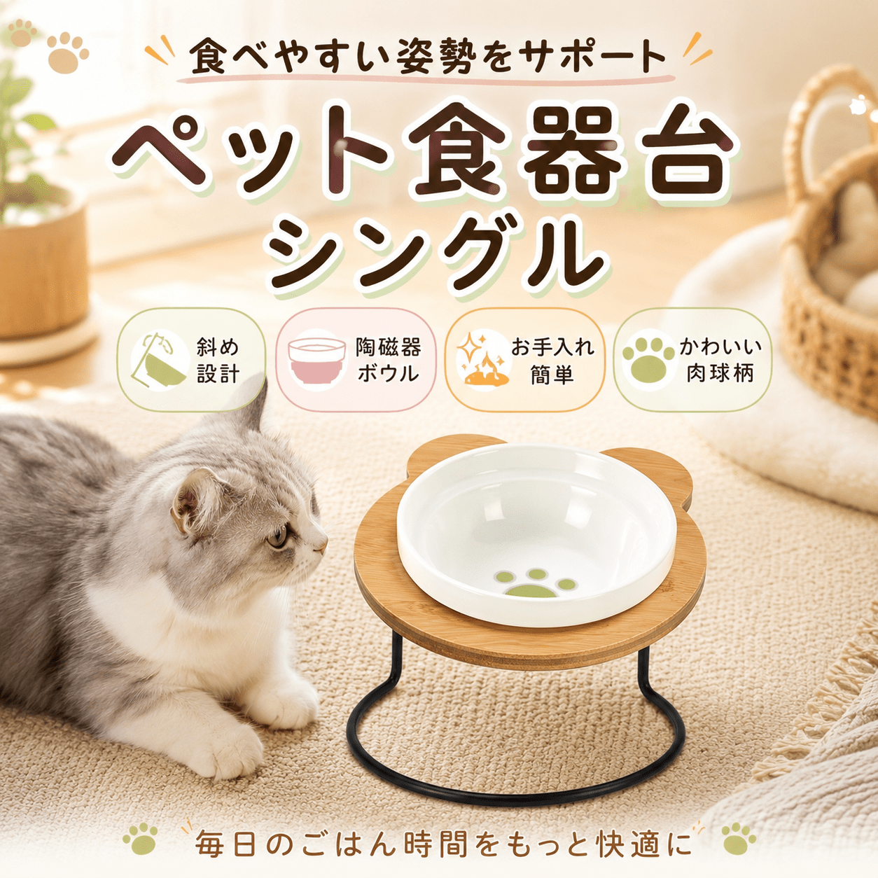 TEMU 犬猫用フードボウル 食器台付き 陶器製 シングルボウル 肉球デザイン ペット食器 エサ皿 水入れ 餌入れ ネコボウル 食べやすい高さ 丸洗い可 かわいい 犬 猫 ペット用品