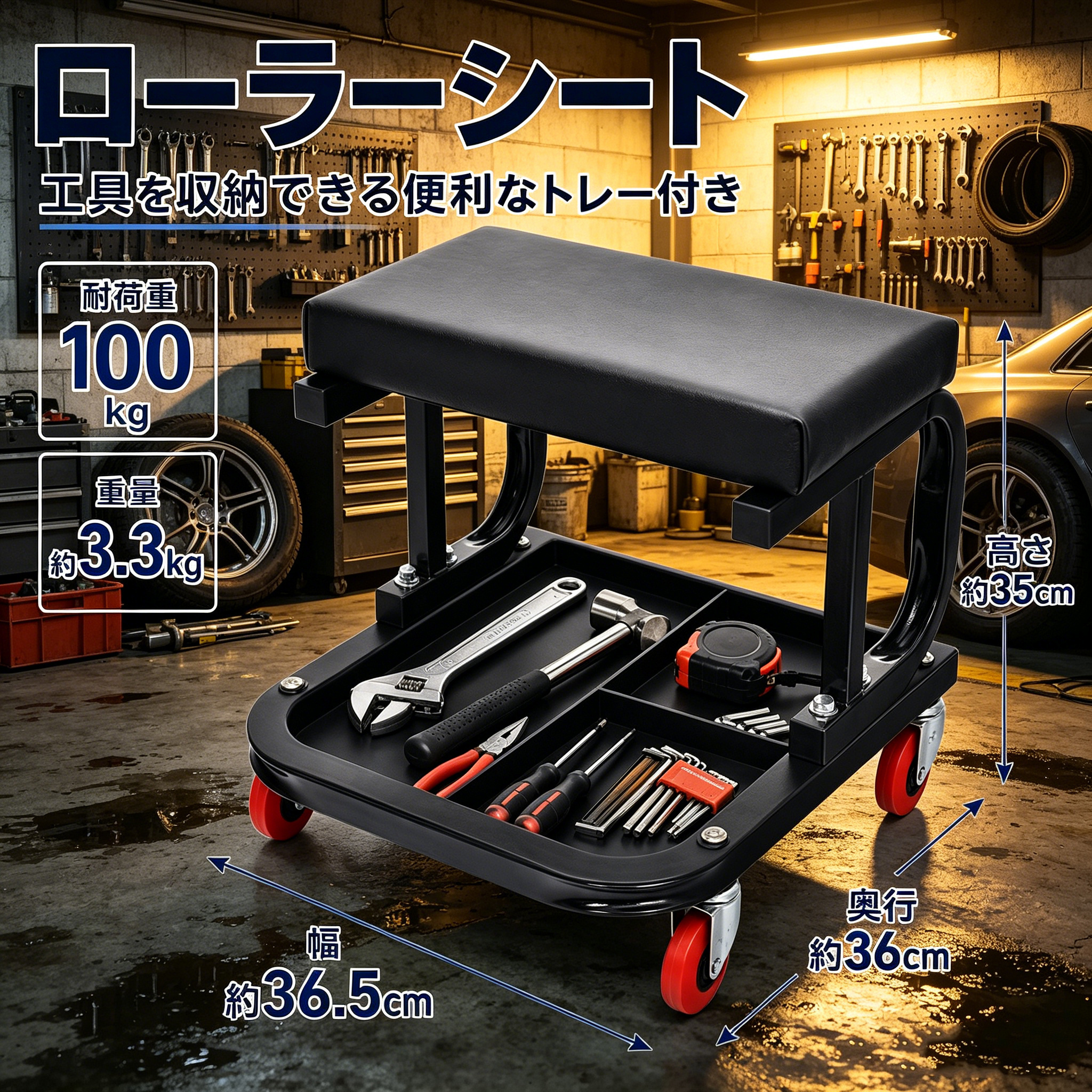 TEMU ローラーシート 作業用椅子 ガレージ 低所作業 工具入れ 収納トレイ ワーキングチェア メカニックシート キャスター付き 工場 ロースツール 作業