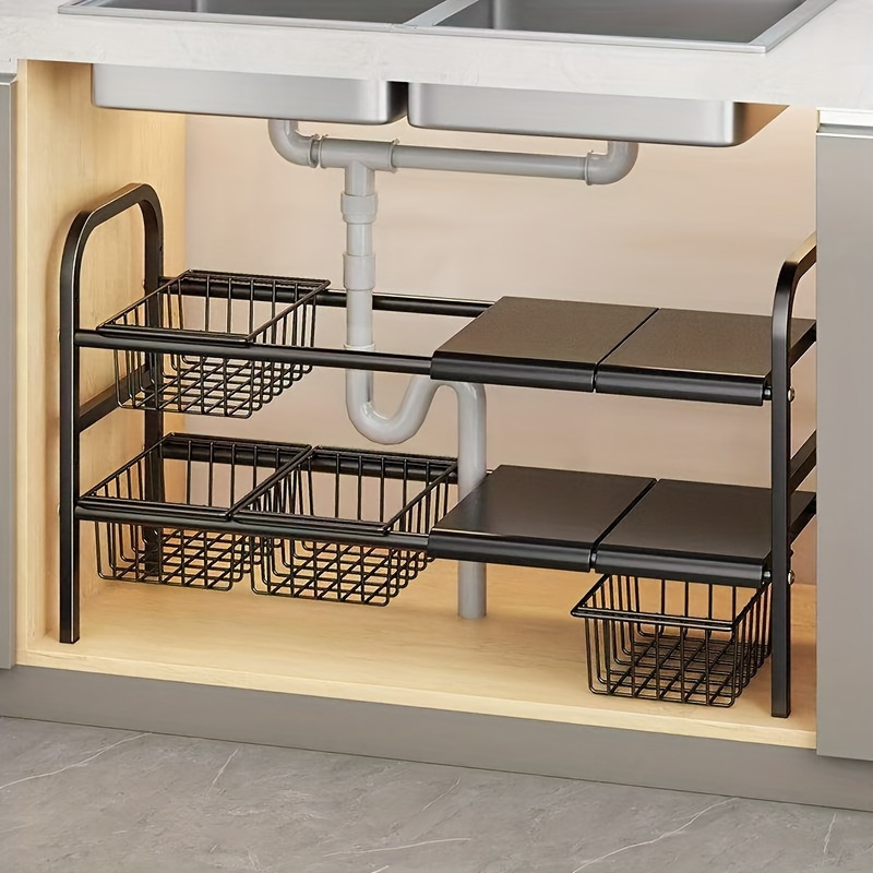 carbon steel stainless steel   resistant rust proof extendable sink shelf 48 5 90cm adjustable drain pipe avoidance   saving storage shelf for kitchen bathroom easy assembly single double layer options removable panels basket non slip rubber feet recommended gift next day delivery