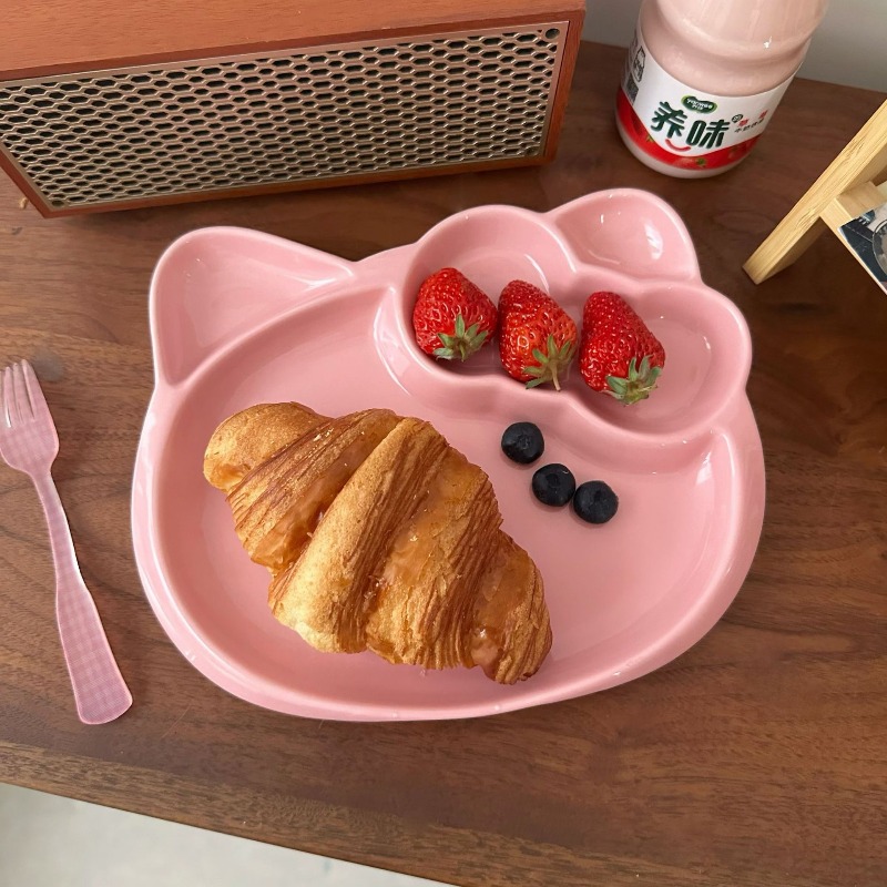 TEMU かわいい漫画の猫の陶磁器の創意の分格の食器の高い顔の値の朝食の果物のサラダは不規則な食事の皿を並べます。