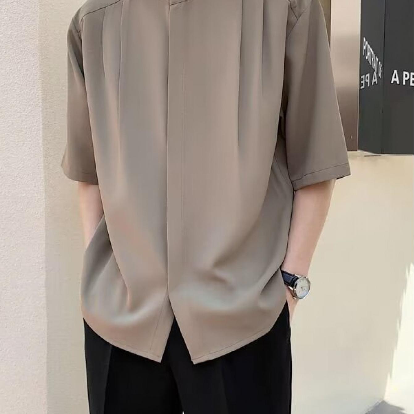 TEMU 夏用 メンズ立ち襟半袖シャツ ゆったり 清爽感 シンプル 百搭 きれいめカジュアル 通勤 旅行 おしゃれ