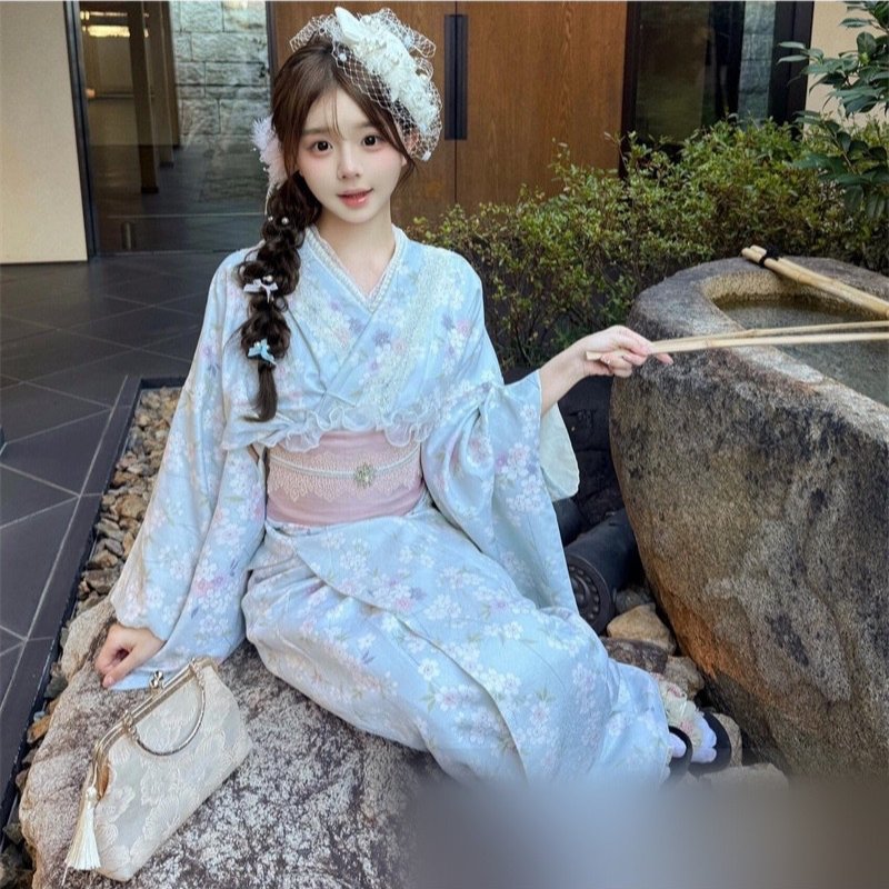 TEMU レディース 浴衣セット 水色 花柄 浴衣本体 白色簡易帯付き 髪飾り付き 夏祭り 七夕 盆踊り お祭り 和装 和風 かわいい 写真撮影 イベント用