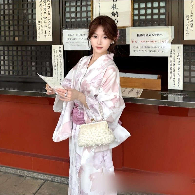 TEMU レディース 浴衣セット 白地 ピンク花柄 粉色簡易帯付き 髪飾り付き 夏祭り 七夕 盆踊り お祭り 和装 和風 かわいい 写真撮影 イベント用 ※兵児帯は付属しません