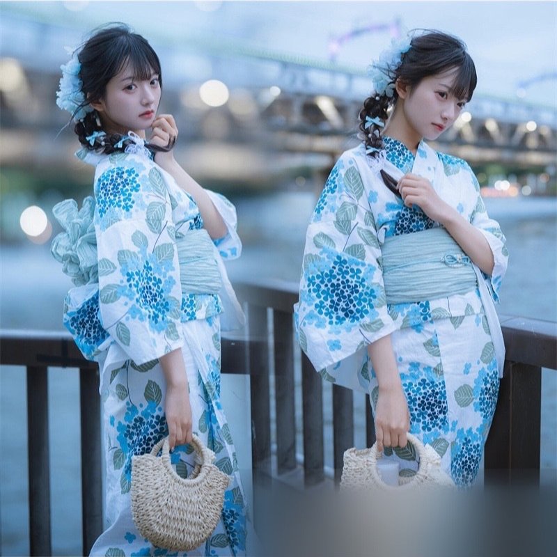 TEMU レディース浴衣 女性用 浴衣 白色簡易腰帯 簡易髪飾り付き ブルー花柄 紫陽花柄 和風 ゆかた 夏祭り 旅行 撮影 可愛い