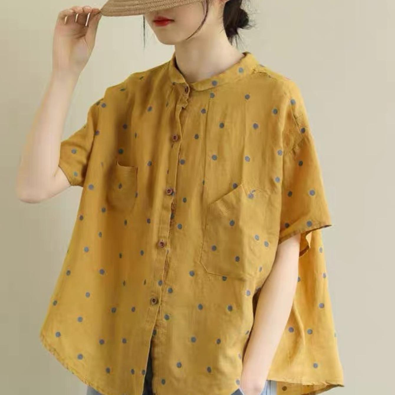TEMU レディース ブラウス ドット柄 半袖 丸襟 ゆったり ル風 レトロ調 シンプル 大人可愛い 森ガール 春夏 新作