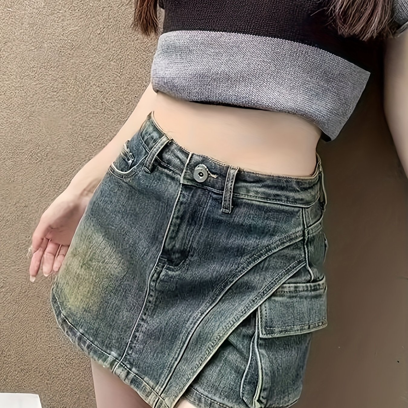 TEMU レディース デニムスカートパンツ レトロブルー 工装風 キュロットパンツ 伸縮性 ハイウエスト 着痩せ 美脚見え カジュアル デイリー