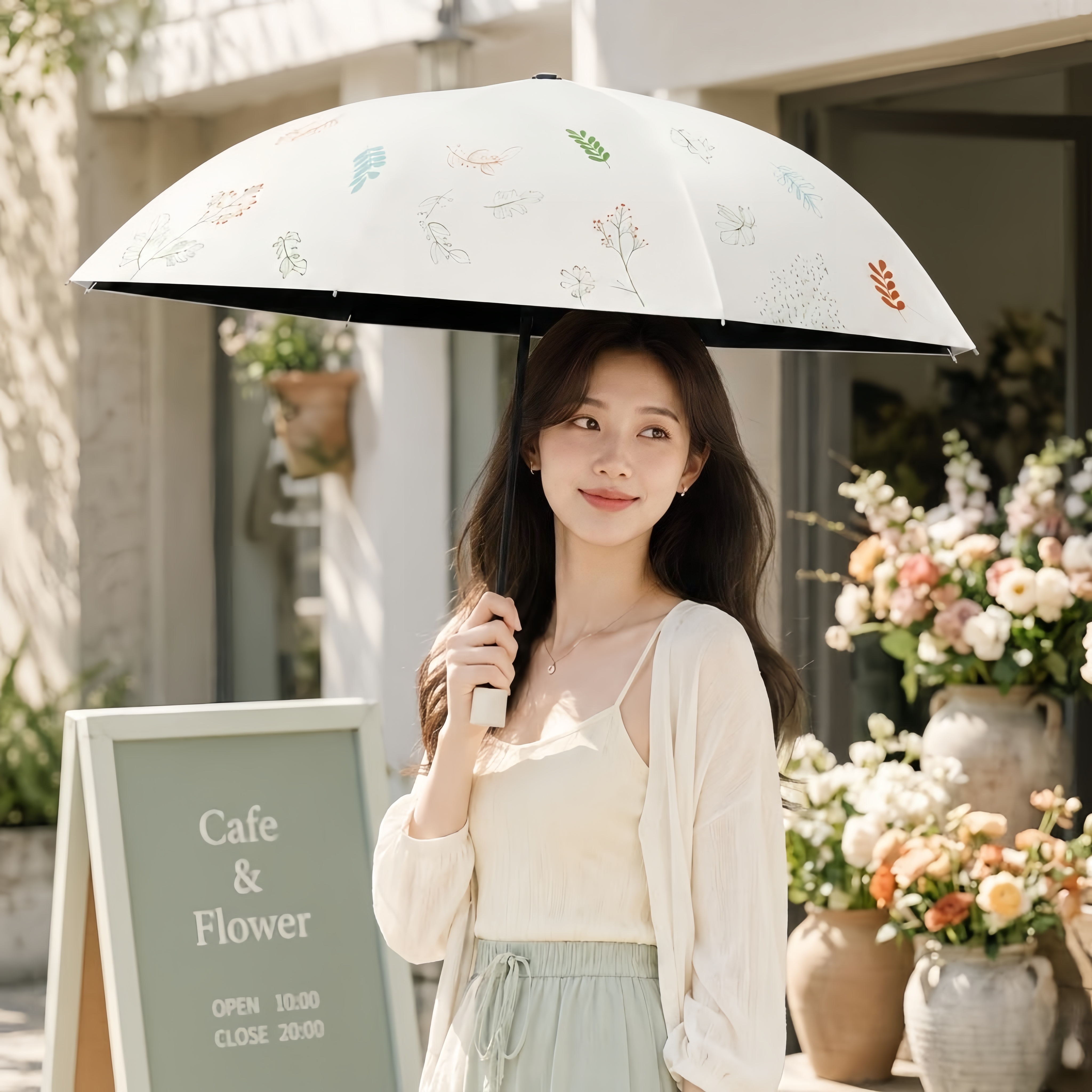 TEMU 성인 여성용 미니 플라워 자외선 차단 양산 - 화이트 컬러 식물 패턴 우산, 가벼운 휴대용 디자인, 데일리 외출·여행·야외활동용