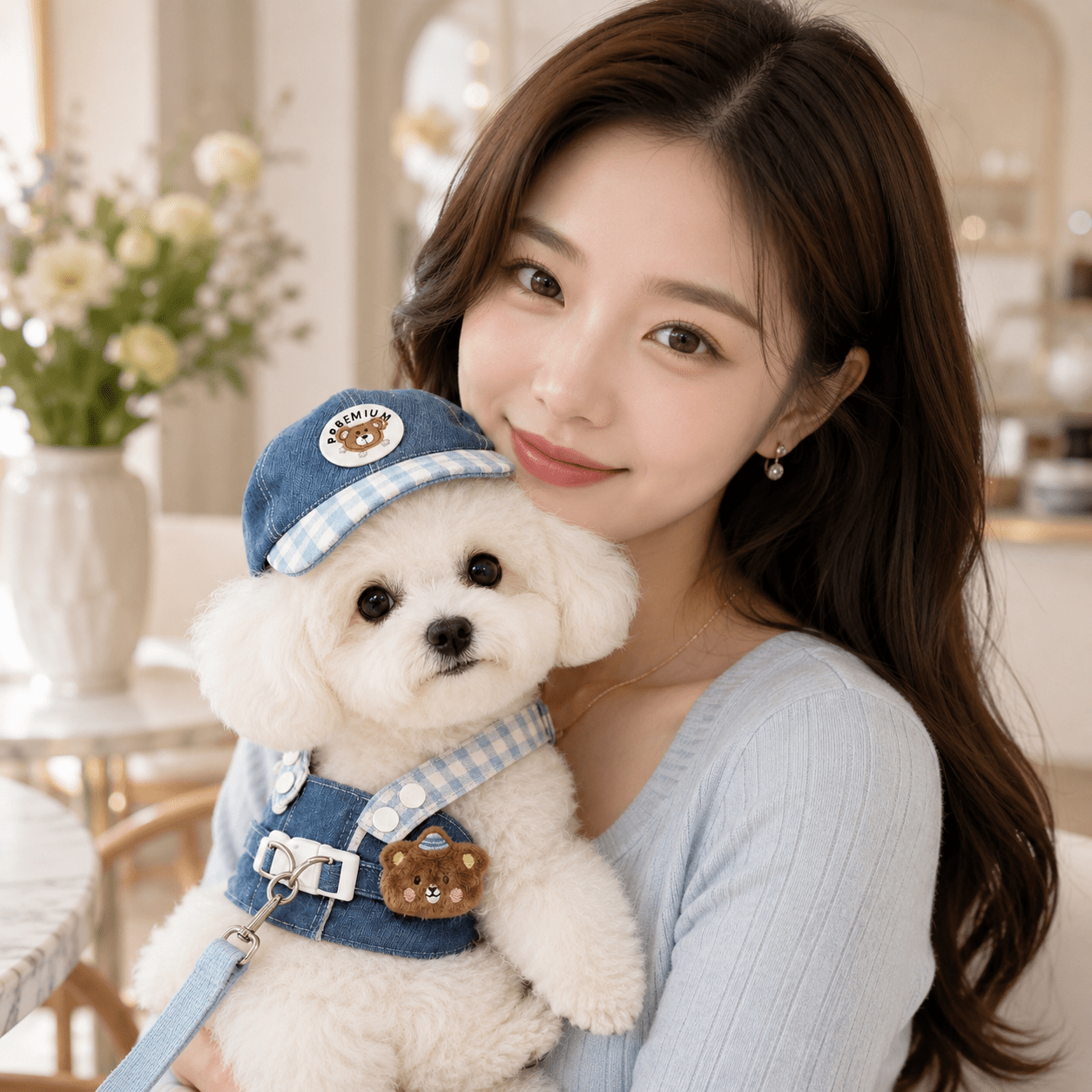 TEMU 여름 애견 옷 세트 고양이 강아지 공용 데님 산책 하네스 리드줄 모자 포함 실용 세트