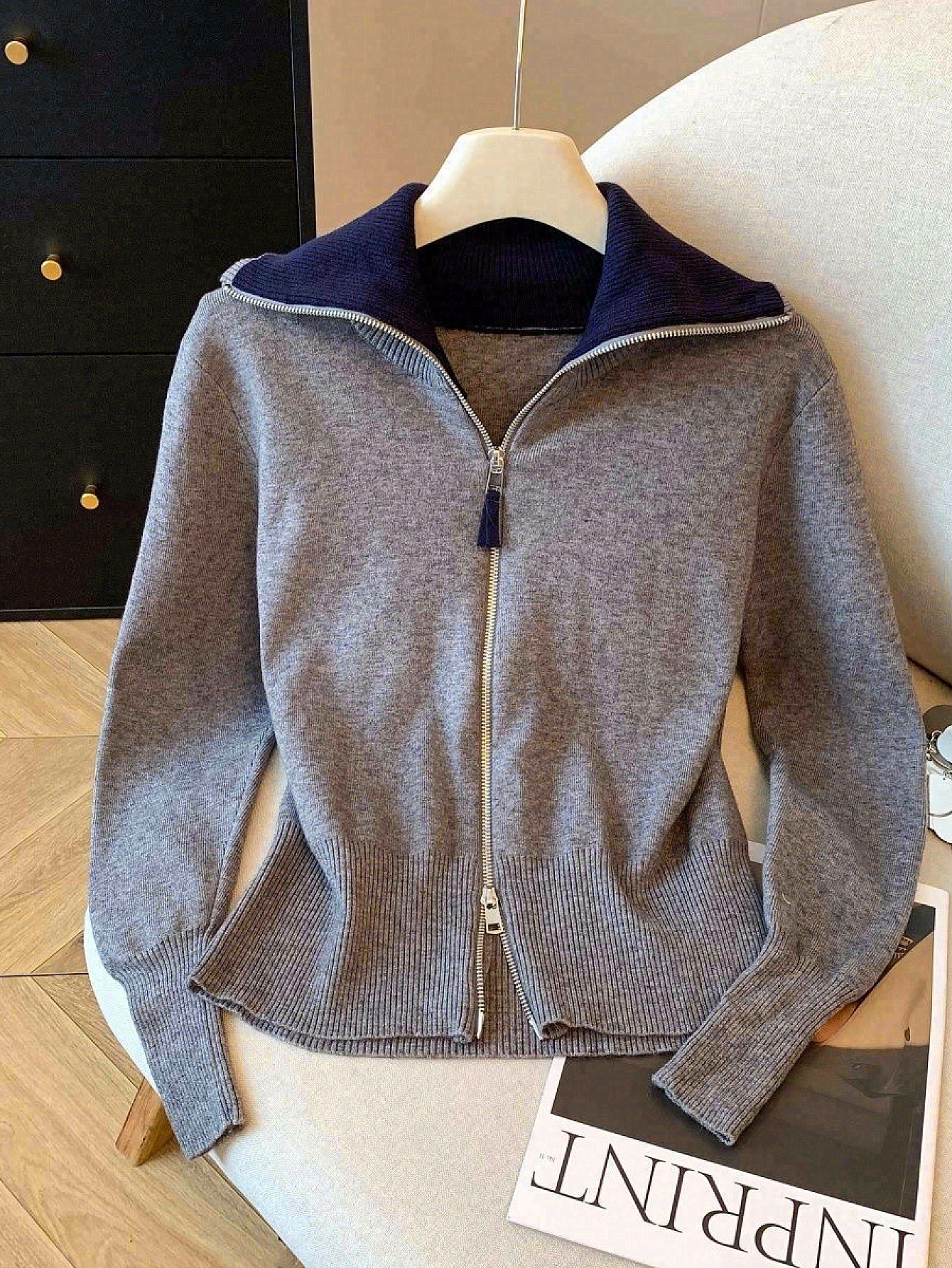 품목 사진 여성용 컬러블록 칼라 듀얼 지퍼 가디건 스웨터, 한국 스타일 긴팔 가을 아우터 탑, 여성  