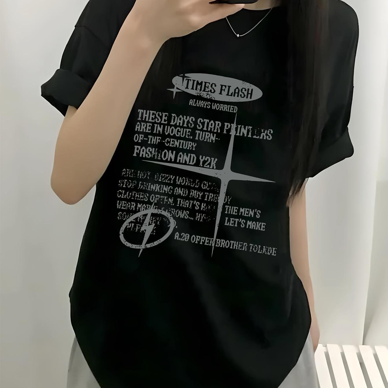 TEMU 2000년대 스타일, 예술적 디자인의 레터 프린트 반팔 티셔츠, 패셔너블한 트렌디 패턴 디자인, 여성 캐주얼 화이트 탑, 유니섹스, 커플 스타일