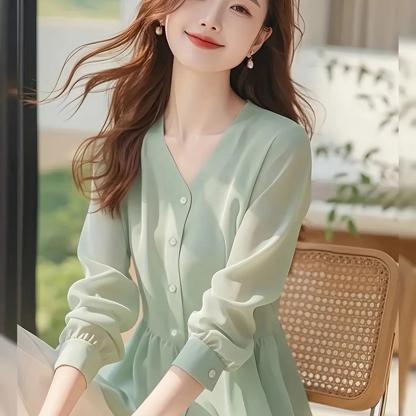 TEMU 여성 브이넥 쉬폰 블라우스 페플럼 셔츠 프릴 밑단 체형커버 여리여리한 오피스룩 하객룩 데이트룩 출근룩 페미닌 루즈핏