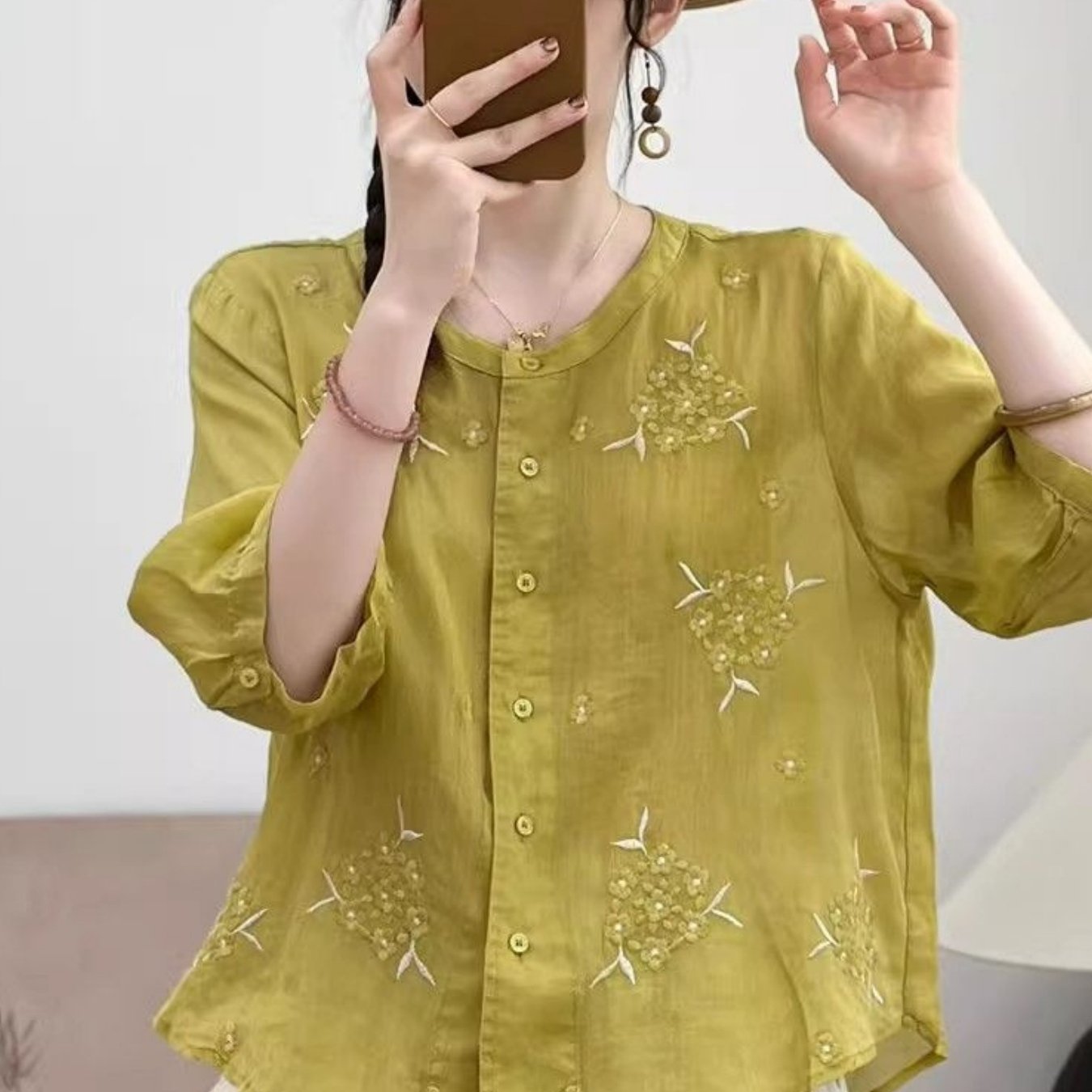 TEMU 여성용 문학적 자수 셔츠 여름 신상 레트로 라운드 넥 미드 슬리브 루즈핏 슬림핏 탑 가디건