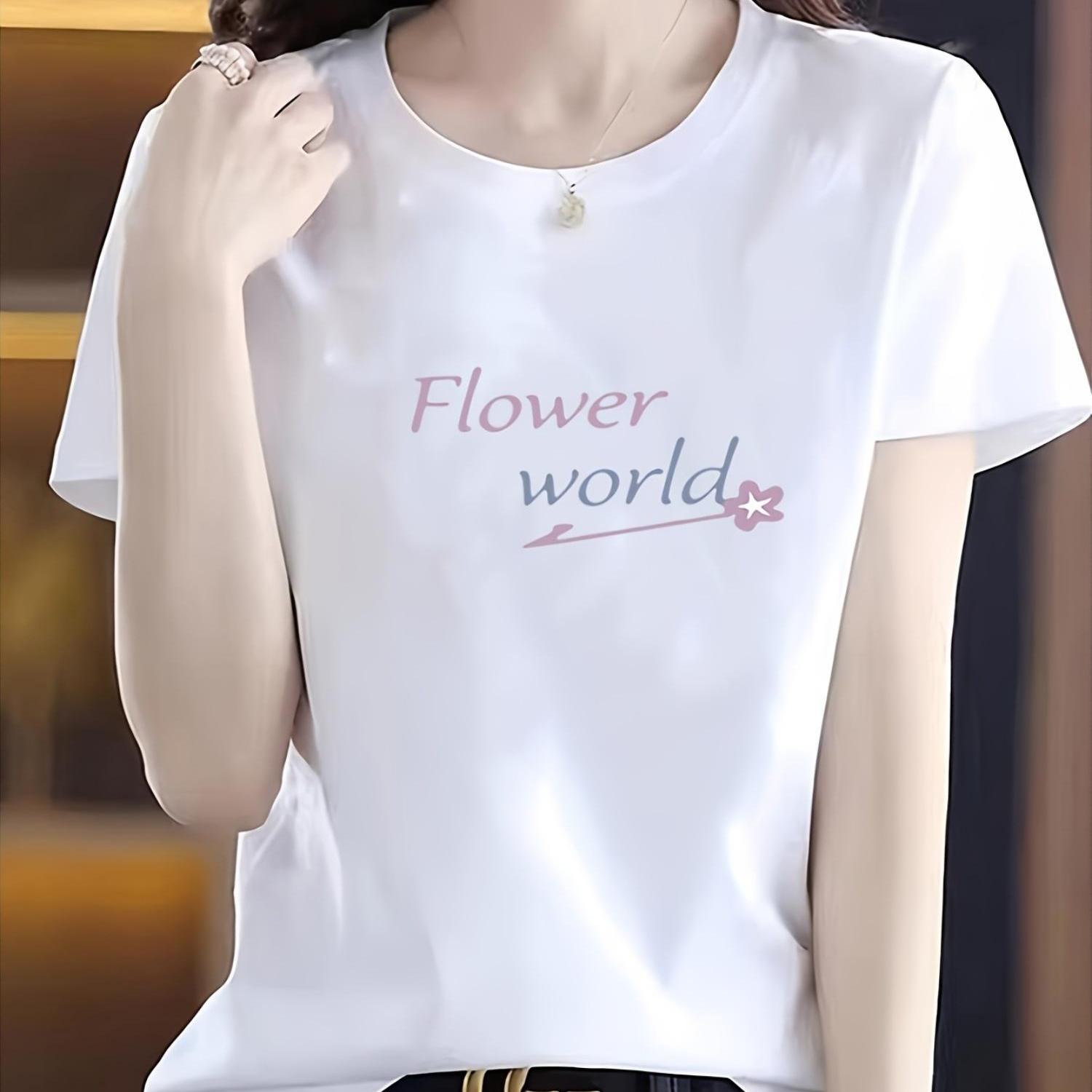 TEMU 레터 프린트 라운드넥 티셔츠, 봄/여름용 캐주얼 루즈핏 반팔 티셔츠, 여성 의류 캐주얼룩