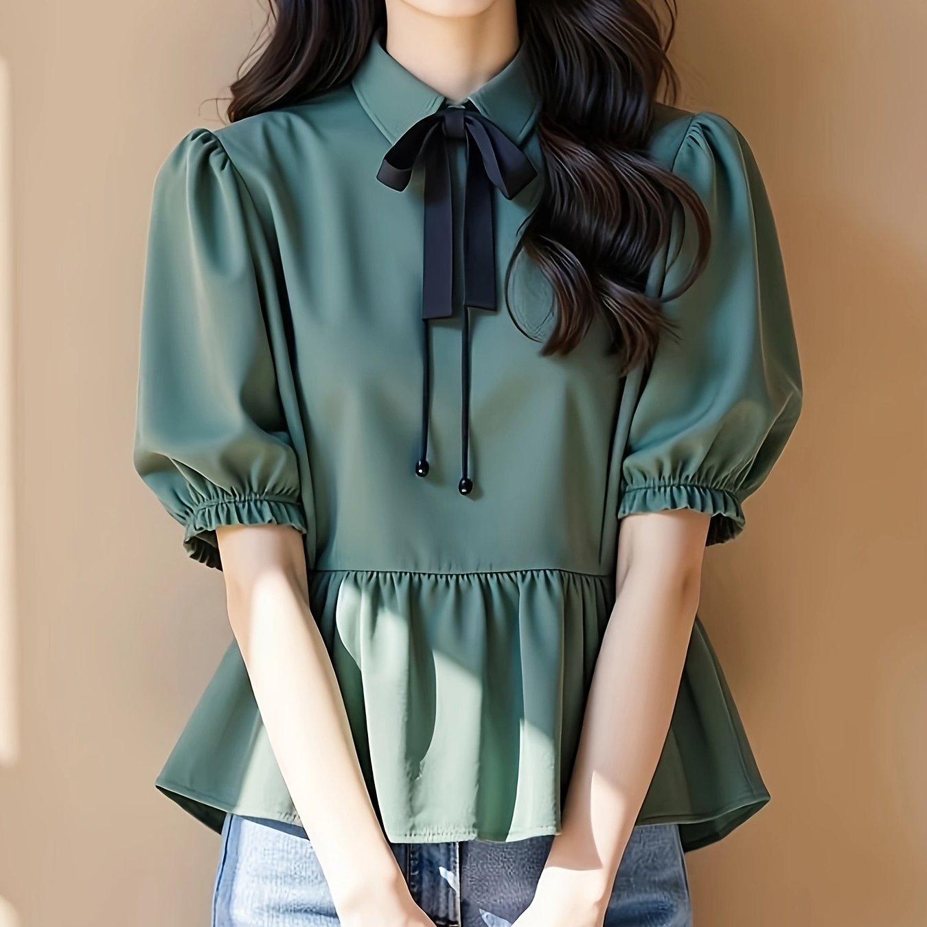 TEMU 여성 리본타이 퍼프소매 블라우스 반팔 페플럼 셔츠 체형커버 날씬해보이는 오피스룩 하객룩 데이트룩 격식룩 러블리 페미닌 그린
