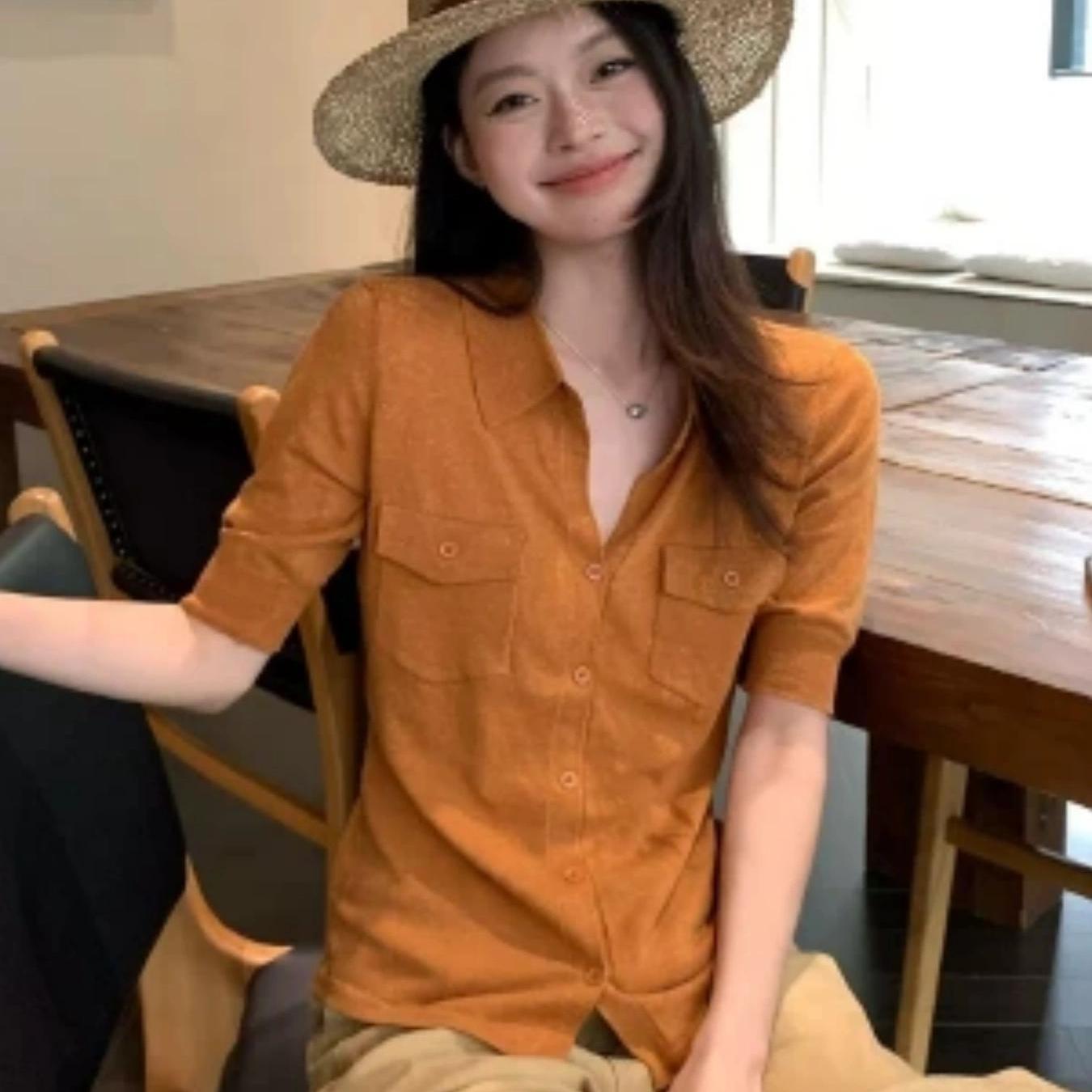 TEMU 오렌지 반팔 여성용 여름 올드머니 스타일 슬림 미들소매 하이엔드 셔츠 스몰 탑 트렌디