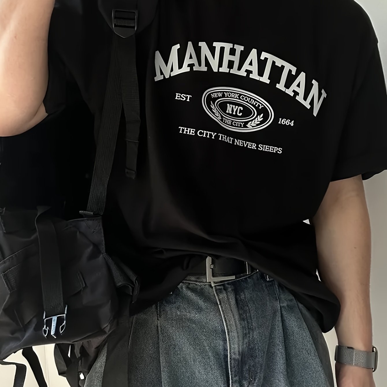 TEMU 남성 캐주얼 맨하탄 그래픽 티셔츠 - 부드러운 면, 반팔, 라운드넥, 편안한 착용감, 여름 스타일, 데일리 컴포트 티