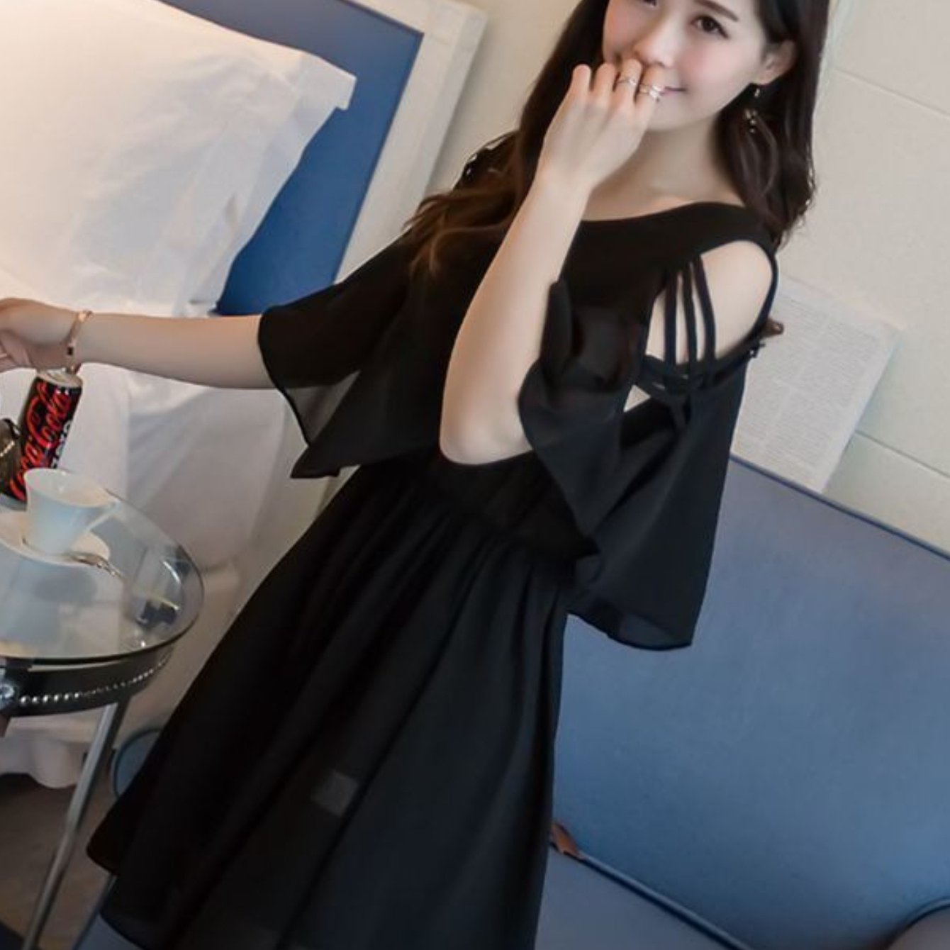 TEMU 여성 쉬폰 원피스 어깨트임 오프숄더 프릴소매 허리라인 날씬해보이는 체형커버 하객룩 데이트룩 바캉스룩 페미닌 러블리 꾸안꾸 여름 블랙