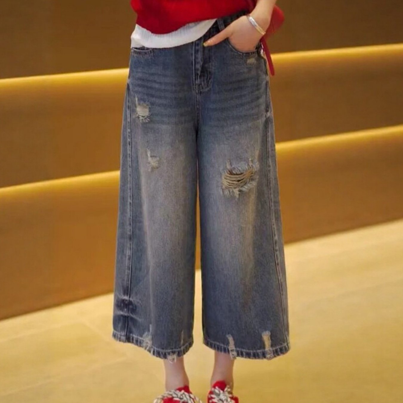 TEMU 봄 여름 가을 신상 찢김 느슨한 와이드핏 청바지 슬림핏 패셔너블한 팬츠