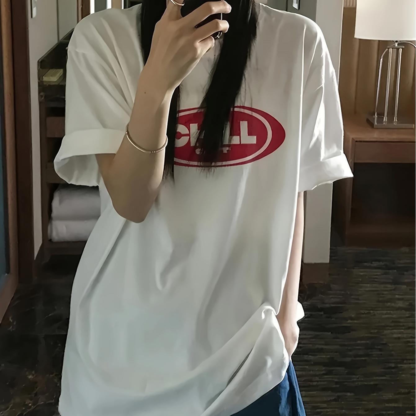 TEMU 여성용 패셔너블하고 심플한 흰색 반팔 티셔츠, 여름에 적합한 루즈핏