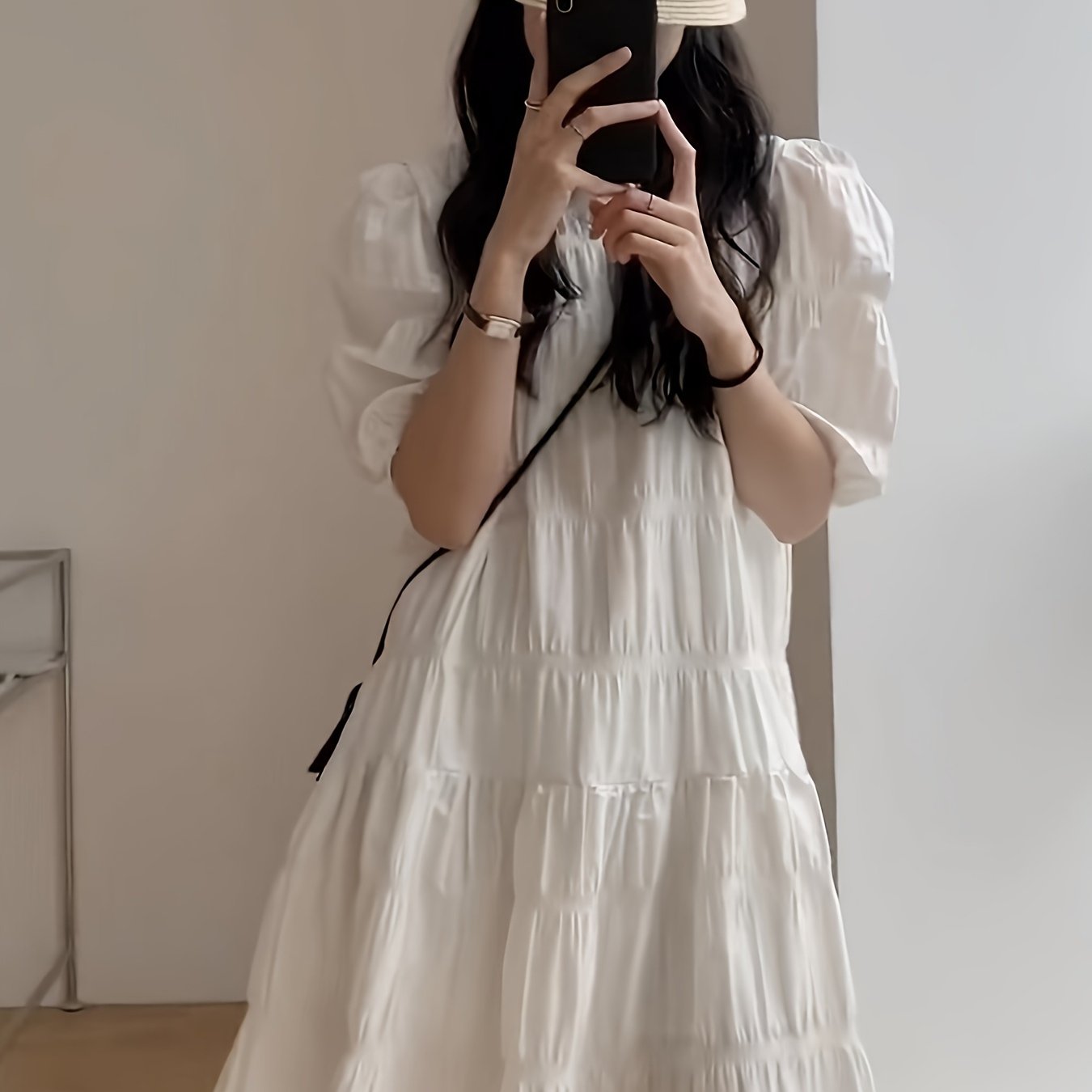 TEMU 여성 캉캉 미니 원피스 퍼프소매 셔링 플리츠 루즈핏 체형커버 화이트 데이트룩 바캉스룩 꾸안꾸 러블리 페미닌 여름 숏원피스 하이웨스트