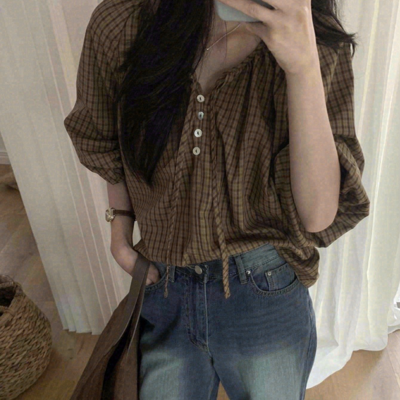 TEMU 한국식 시크 봄 신상 프렌치 스위트 레트로 격자무늬 깃발끈 긴팔 셔츠