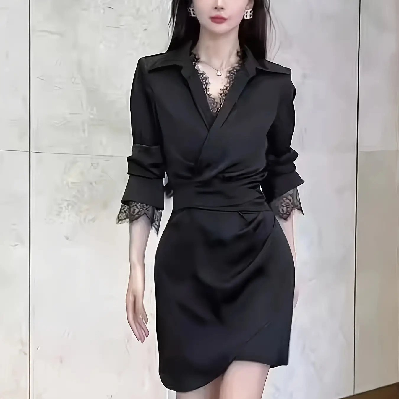 TEMU 여성 브이넥 레이스 셔링 랩 원피스 슬림핏 하객룩 오피스룩 날씬해보이는 페미닌 데이트룩 우아한 긴팔 미디 드레스 블랙 체형커버
