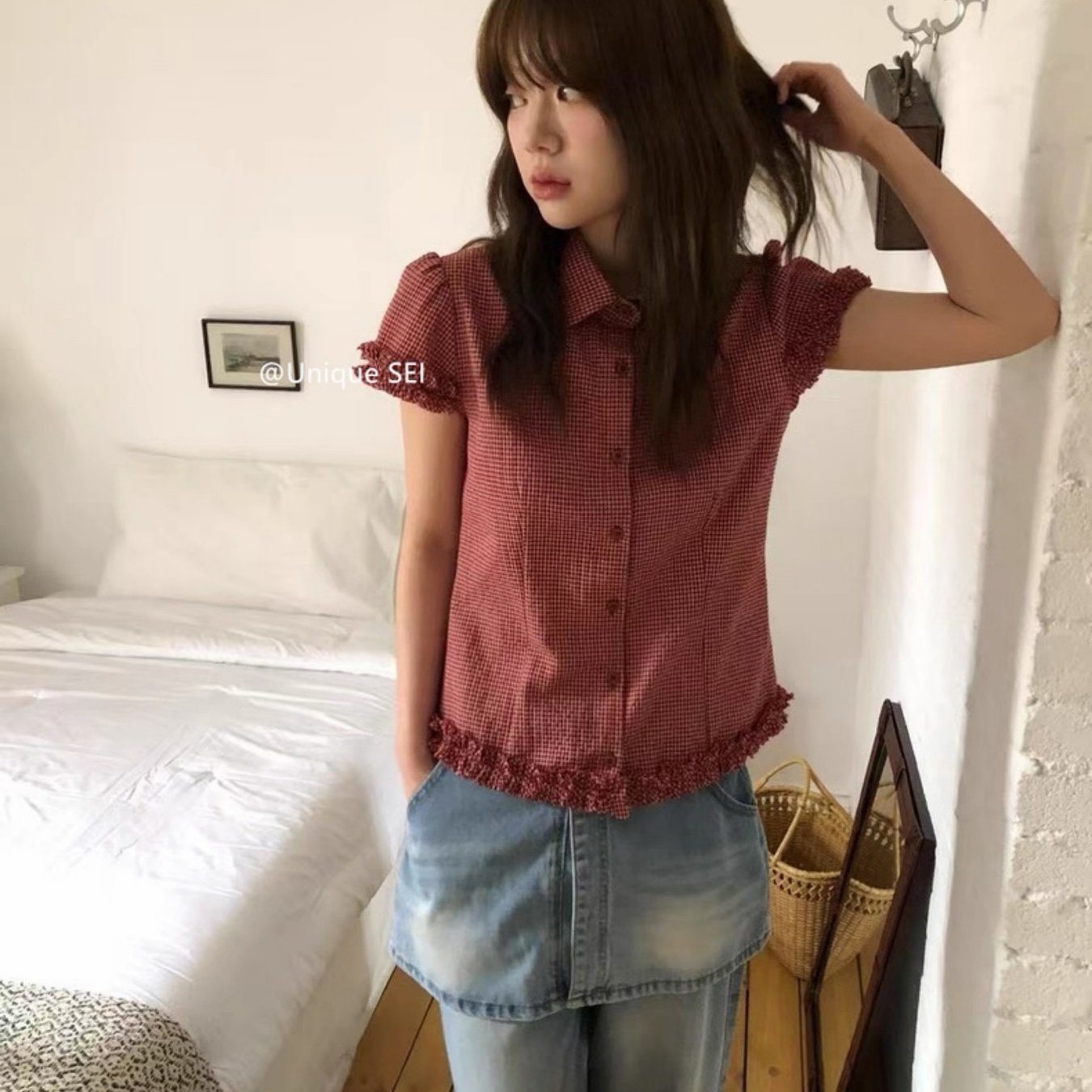 TEMU 여성용 여름 레트로 성격 플리츠 레이스 체크 슬리밍 캐주얼 버튼다운 반팔 셔츠 탑