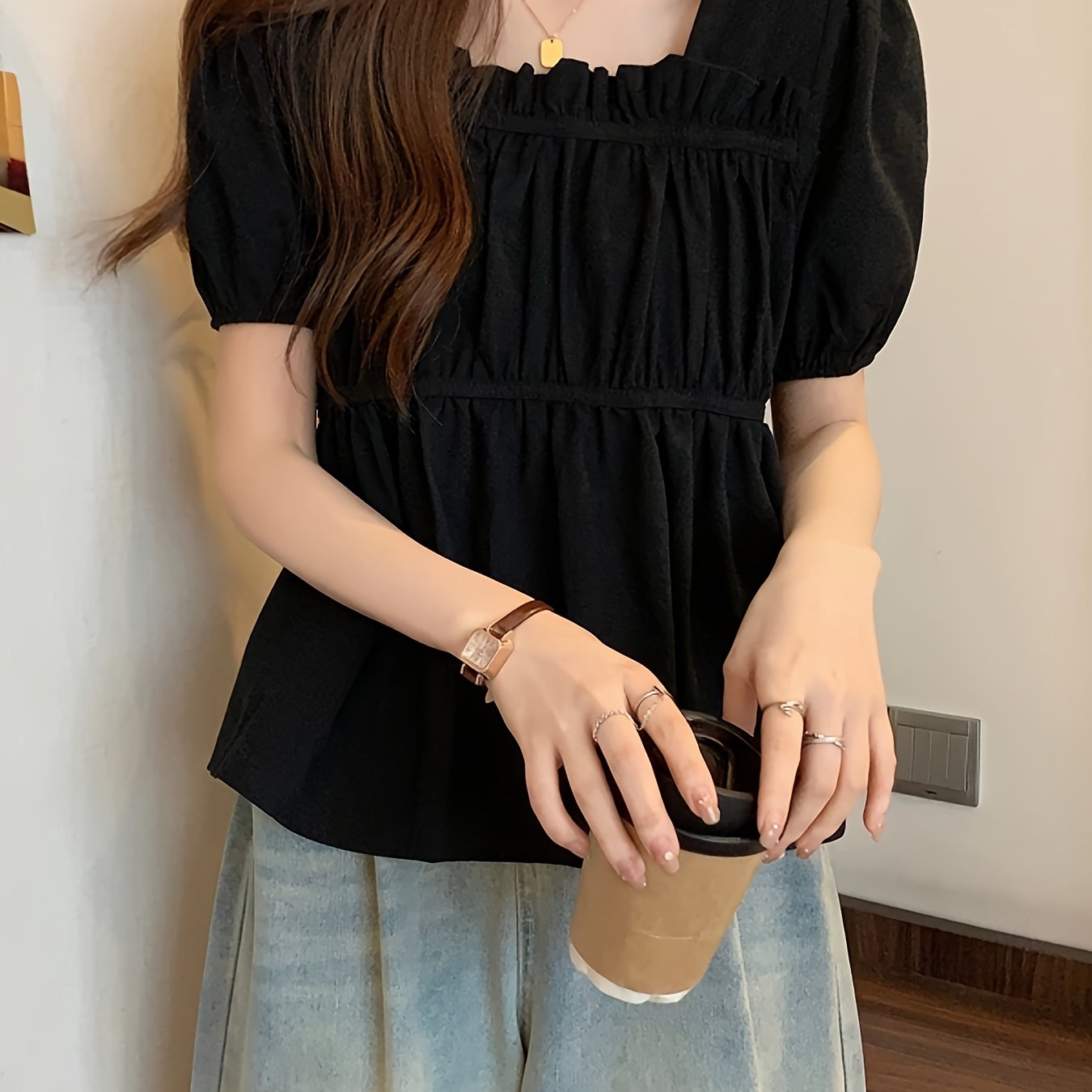 TEMU 여성 스퀘어넥 퍼프 블라우스 셔링 반팔 티셔츠 체형커버 뱃살커버 날씬해보이는 페미닌 오피스룩 하객룩 데이트룩 꾸안꾸 러블리 텍스처 블랙