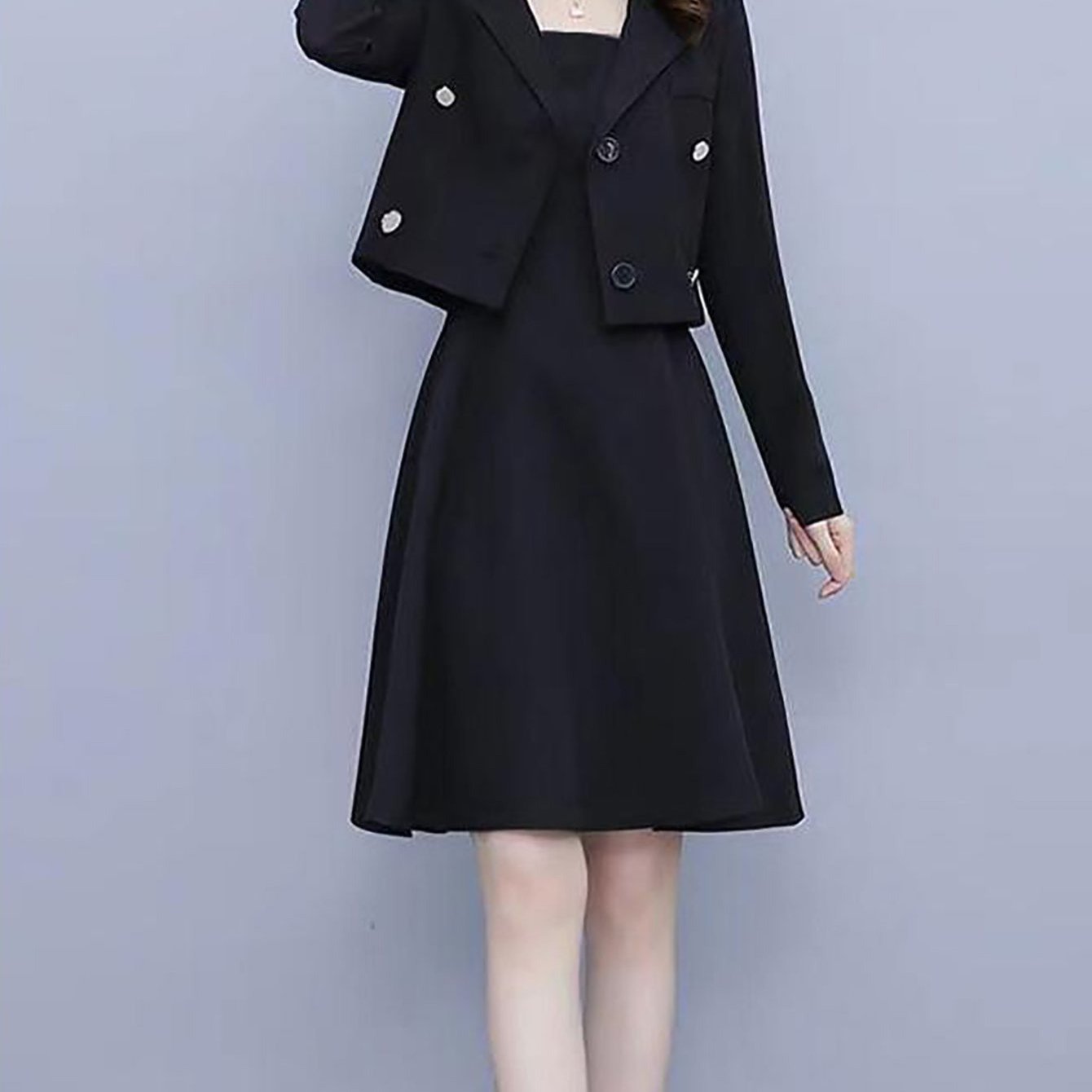 TEMU 여성 봄가을 얇은 원피스 정장 세트 긴팔 나시 솔리드 버튼 슬림핏 심플 코트 통근 슬림소녀