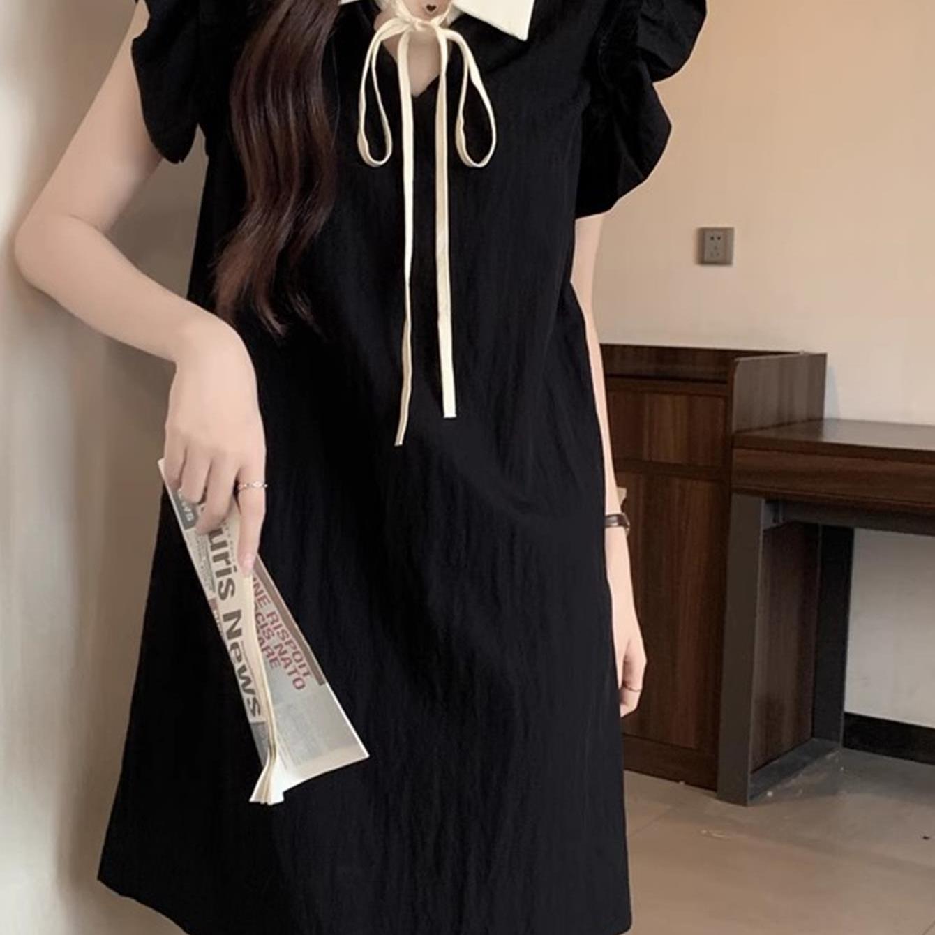 TEMU 여성 블랙 미니 원피스 배색 카라 퍼프 캡소매 리본 루즈핏 체형커버 하객룩 데이트룩 출근룩 프렌치시크 러블리 반팔 드레스 시원한 여름