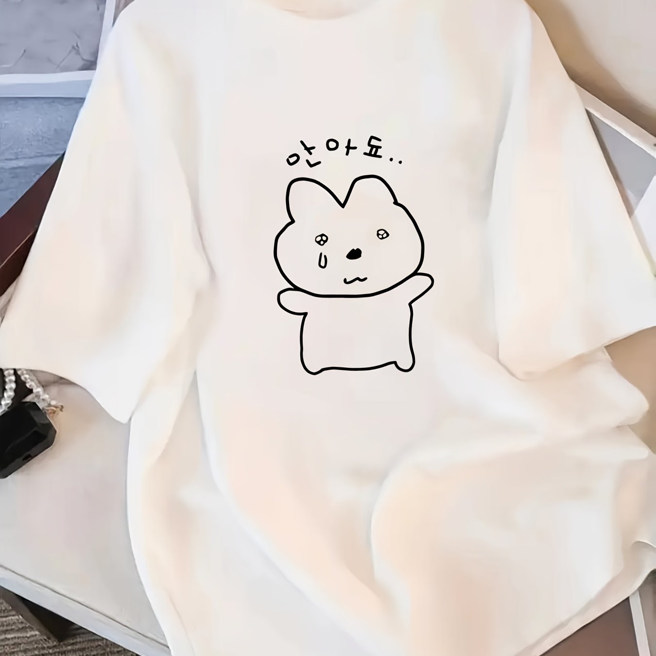 TEMU 드롭 숄더 우아한 여성 의류, 여성 파티 의상, 여름, 여성 반팔 티셔츠, 한국 스타일 심플하고 재미있는 토끼 패턴 반팔 티셔츠, 귀여운 스타일, 편안하고 피부 친화적인 일상 캐주얼 탑 유니섹스, 커플 스타일 유니섹스, 커플 스타일
