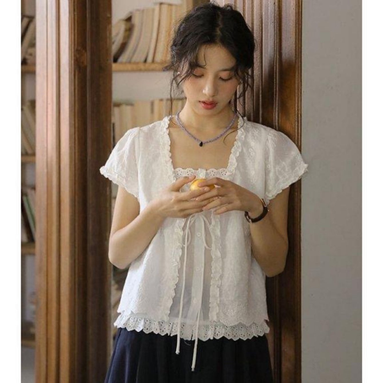 TEMU 여름 오픈 끈 페이크 자수 트리밍 목이 셔츠 날씬해 보이는 셔츠