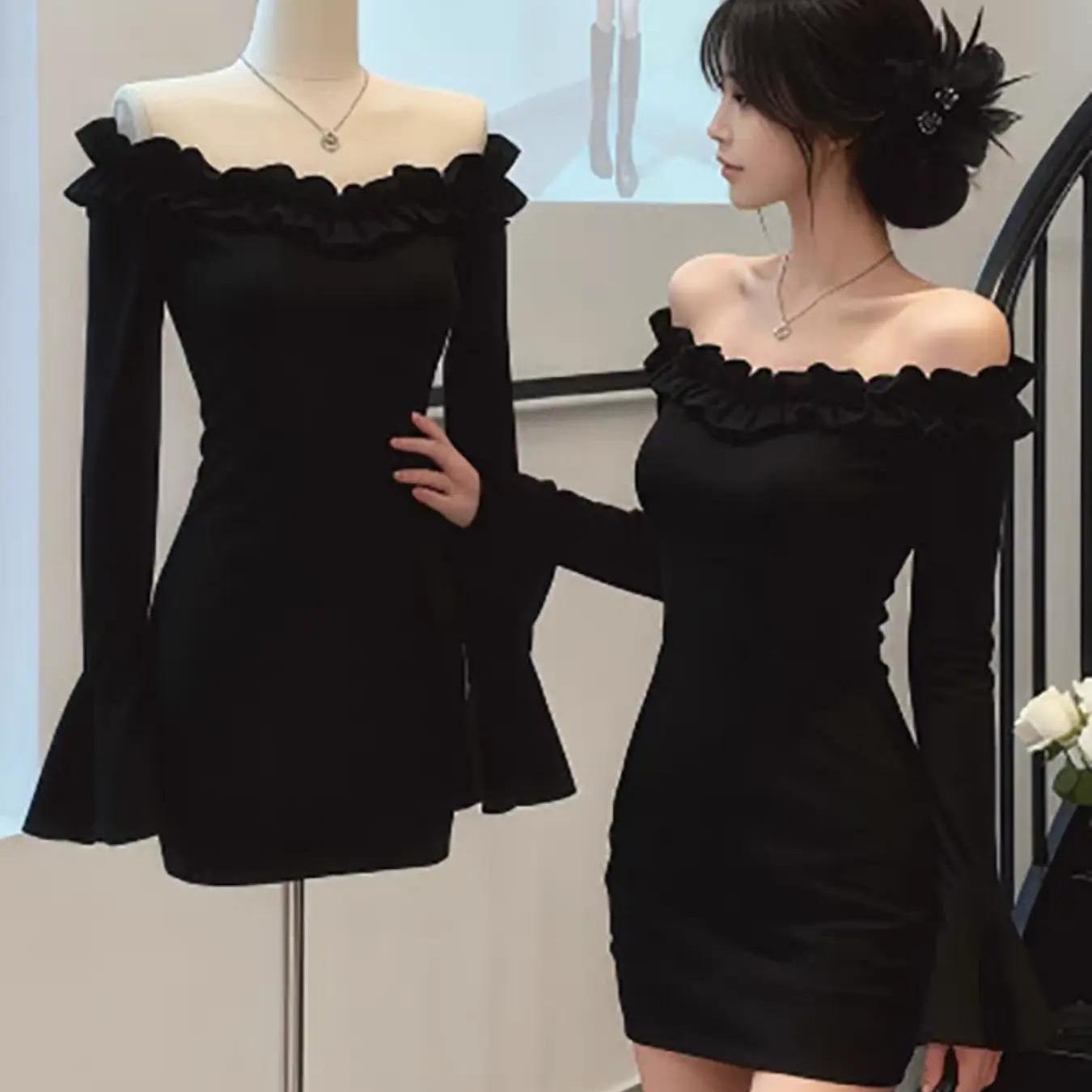 TEMU 프렌치 블랙 원숄더 드레스 여성 봄 레이스 섹시 슬림 힙 커버링 스커트