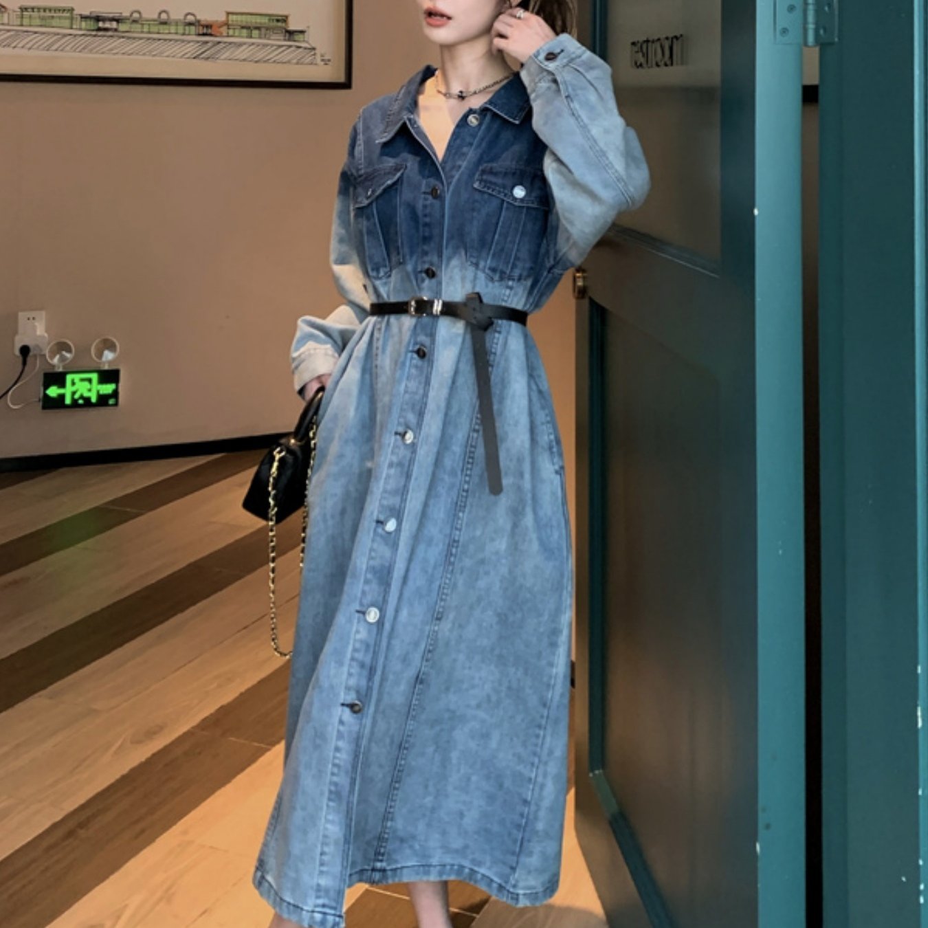 TEMU タイダイ 그라데이션 데님 원피스 레이지 스타일 살 커버링 슬림핏 롱 스커트