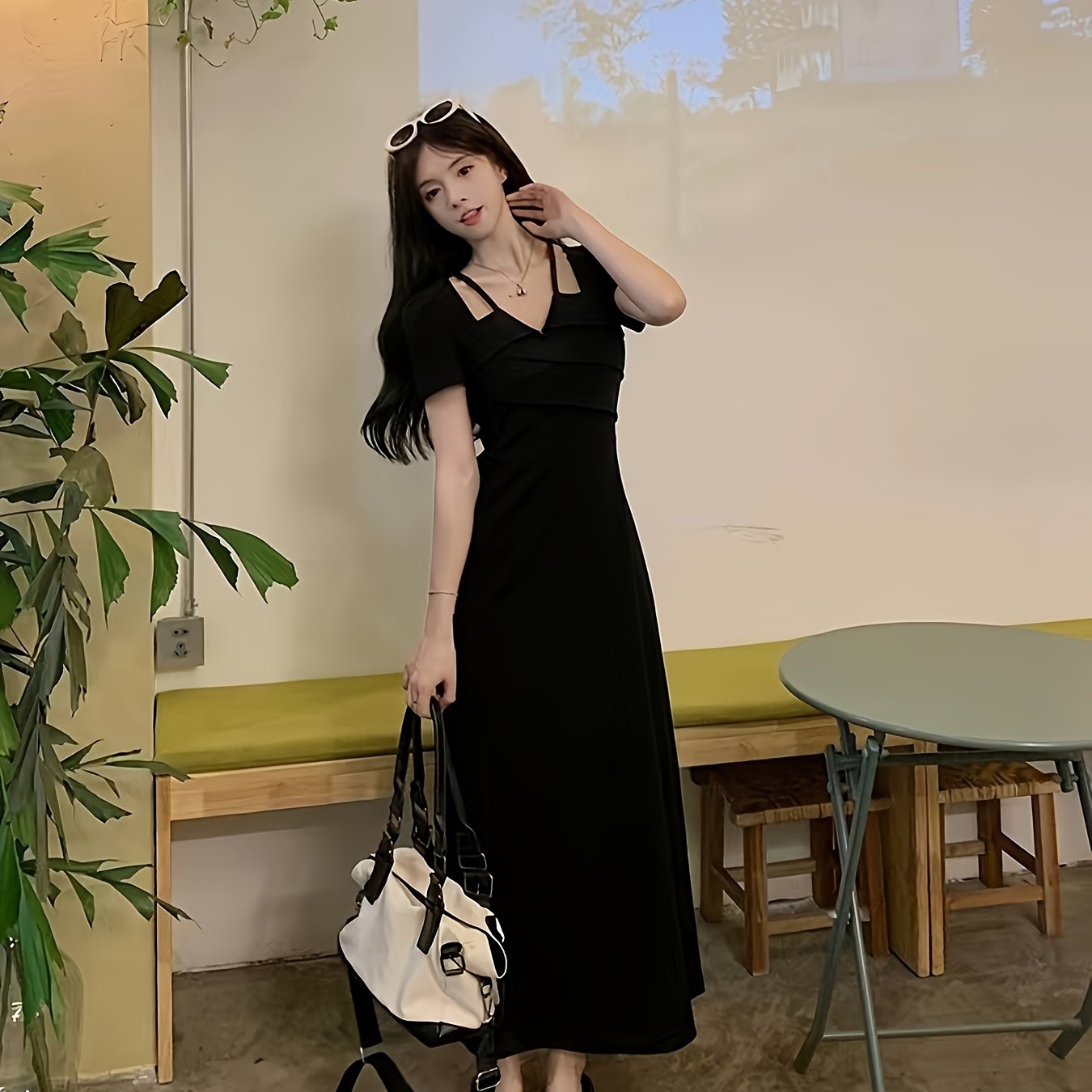 TEMU 여성 블랙 롱원피스 반팔 유니크 스트랩 넥라인 슬림핏 날씬해보이는 체형커버 하객룩 데이트룩 오피스룩 프렌치시크 페미닌 찰랑거리는 맥시 드레스