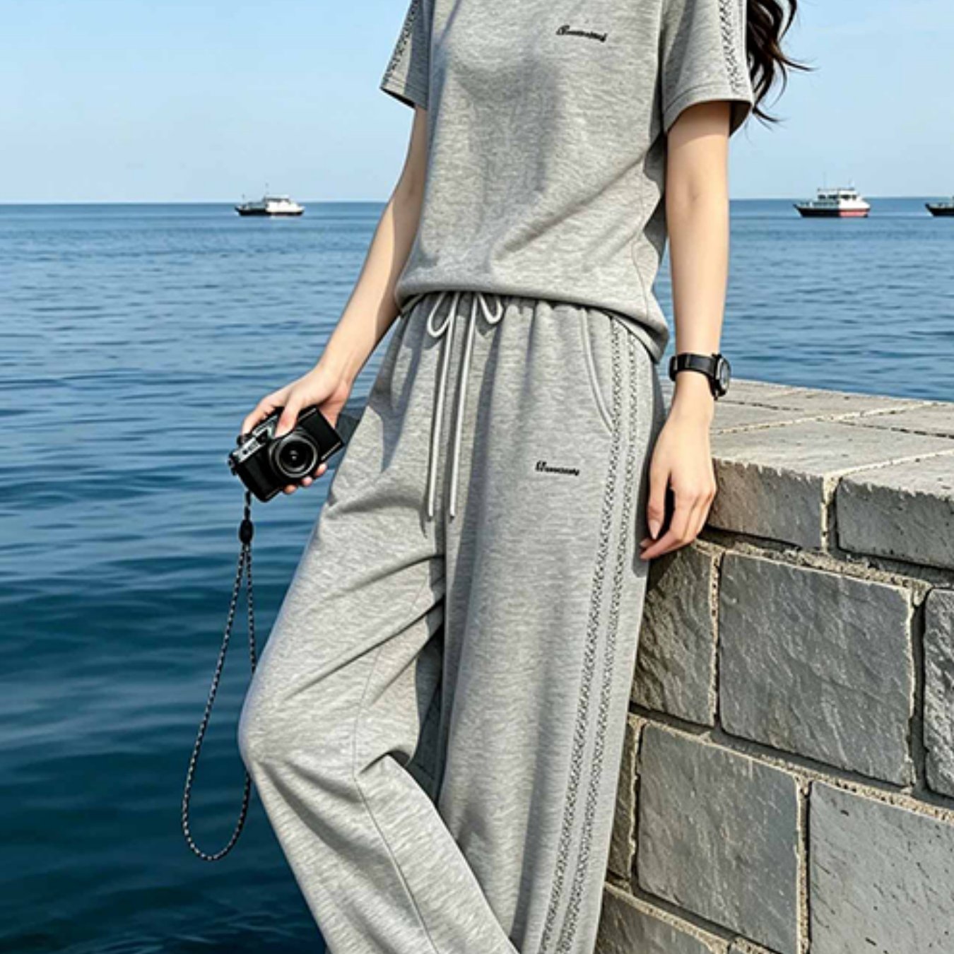 TEMU 여성용 여름 캐주얼 스포츠 수트 슬림핏 패션 반팔 와이드핏 바지 투피스 옷차림
