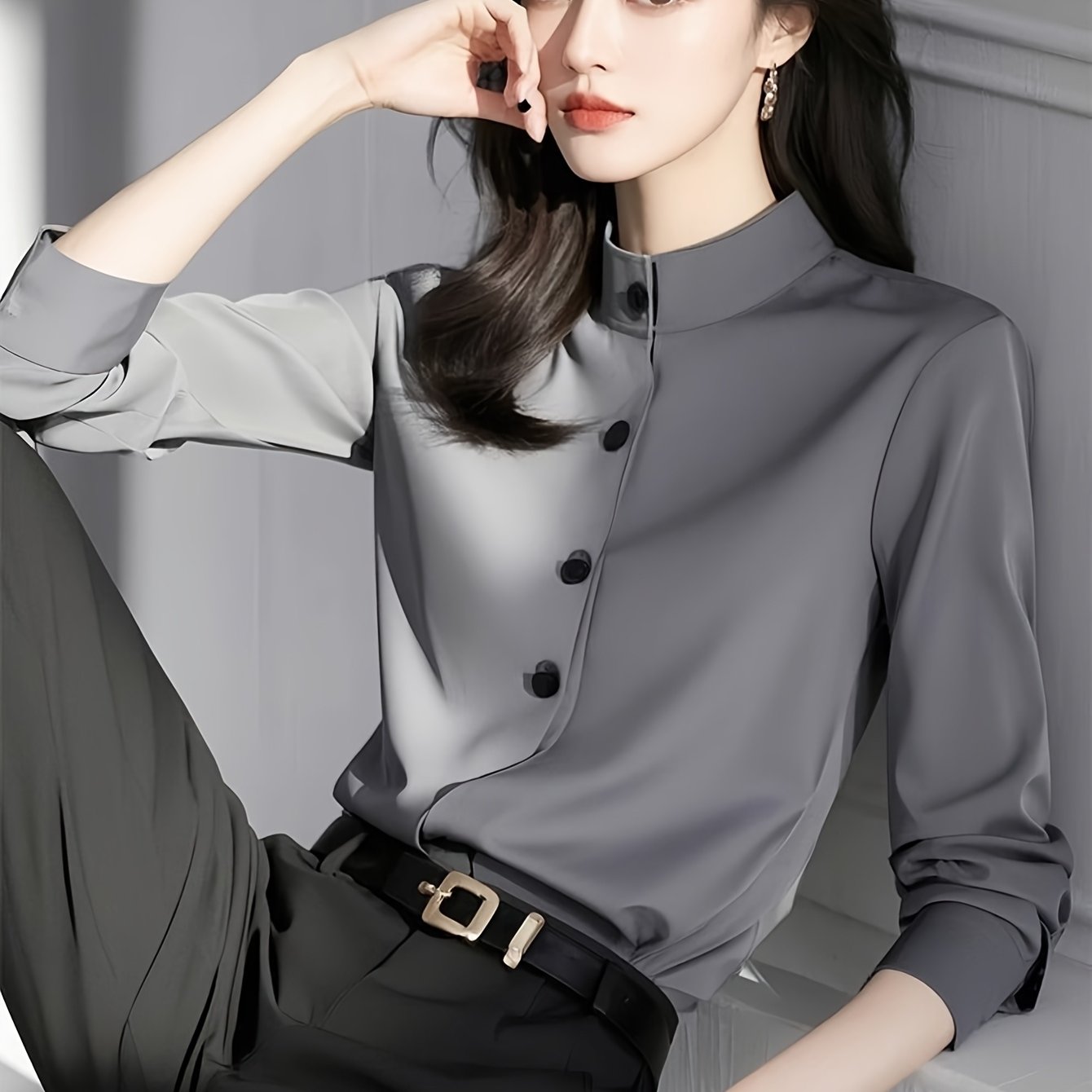 TEMU 여성 차이나카라 블라우스 셔츠 오피스룩 출근룩 하객룩 배색단추 포인트 슬림핏 실크라이크 찰랑거리는 구김없는 봄 가을 긴팔 그레이