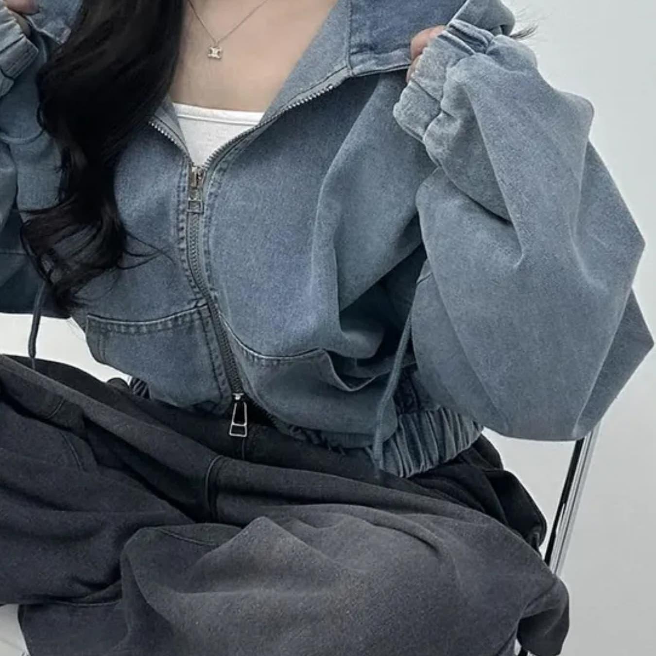 TEMU 시크한 숏웨이스트 더블 지퍼 디자인 후드 데님 자켓